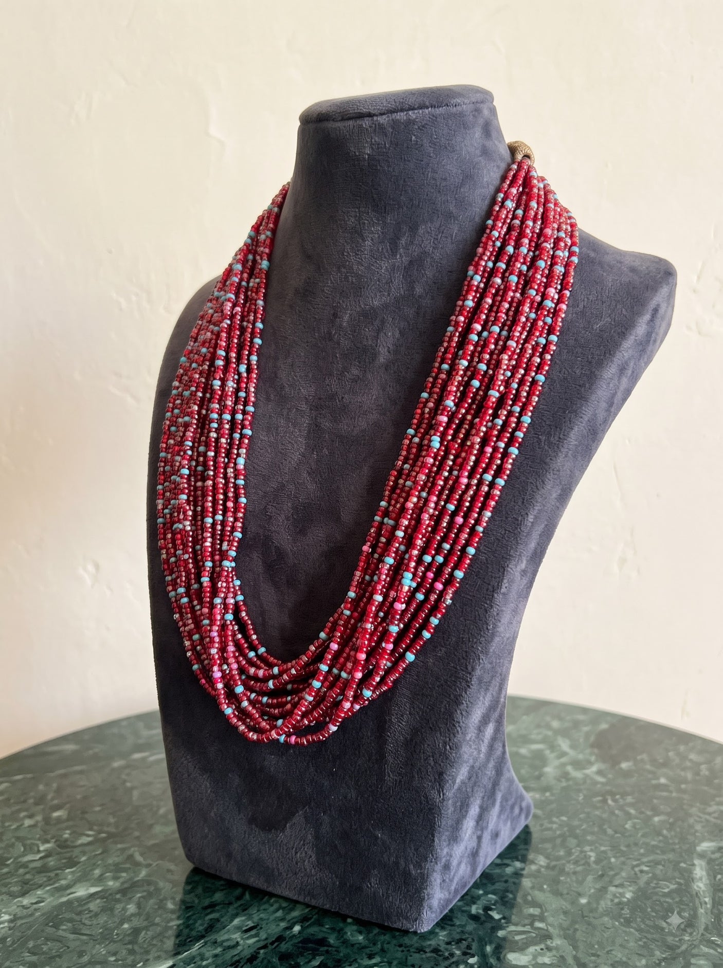 Red and Blue Beads Hand Beaded Multi-Layer Necklace