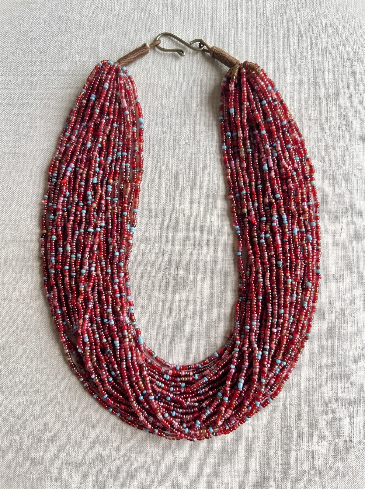 Red and Blue Beads Hand Beaded Multi-Layer Necklace