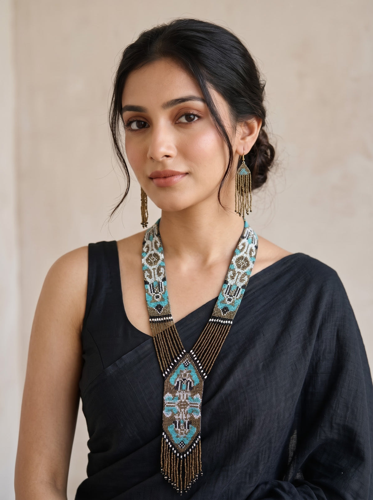 Bronze and Blue Hand Beaded Long Necklace Set