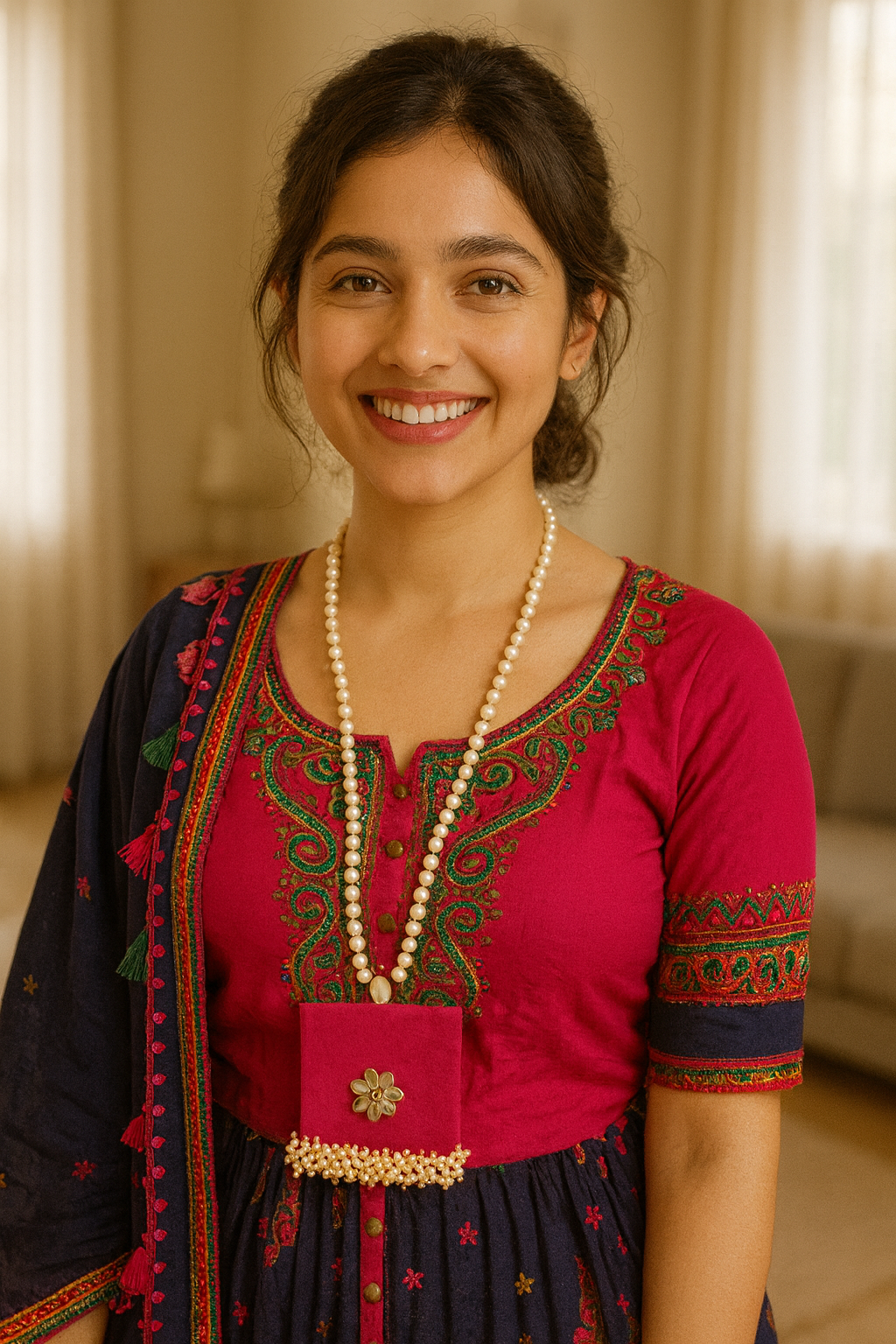 Fuchsia Fabric Gold Toned Necklace Set Embellished with Kundan Stones and Pearls