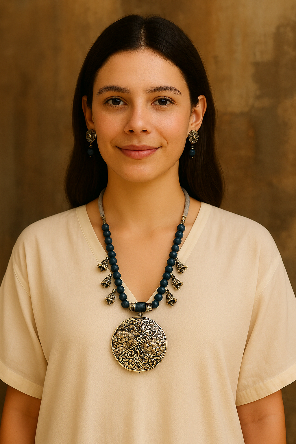 Glass Beads and Statement Metal Pendant Necklace Set