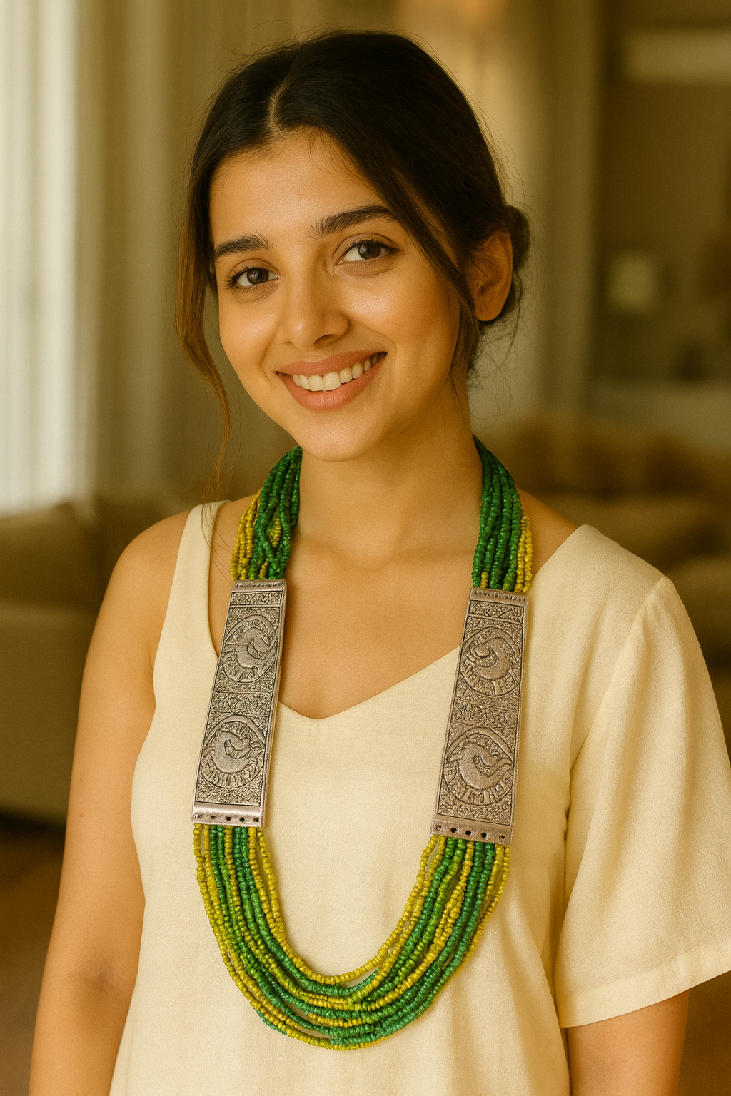 Green Beaded Multi Layered Necklace Set with Metal Detailing