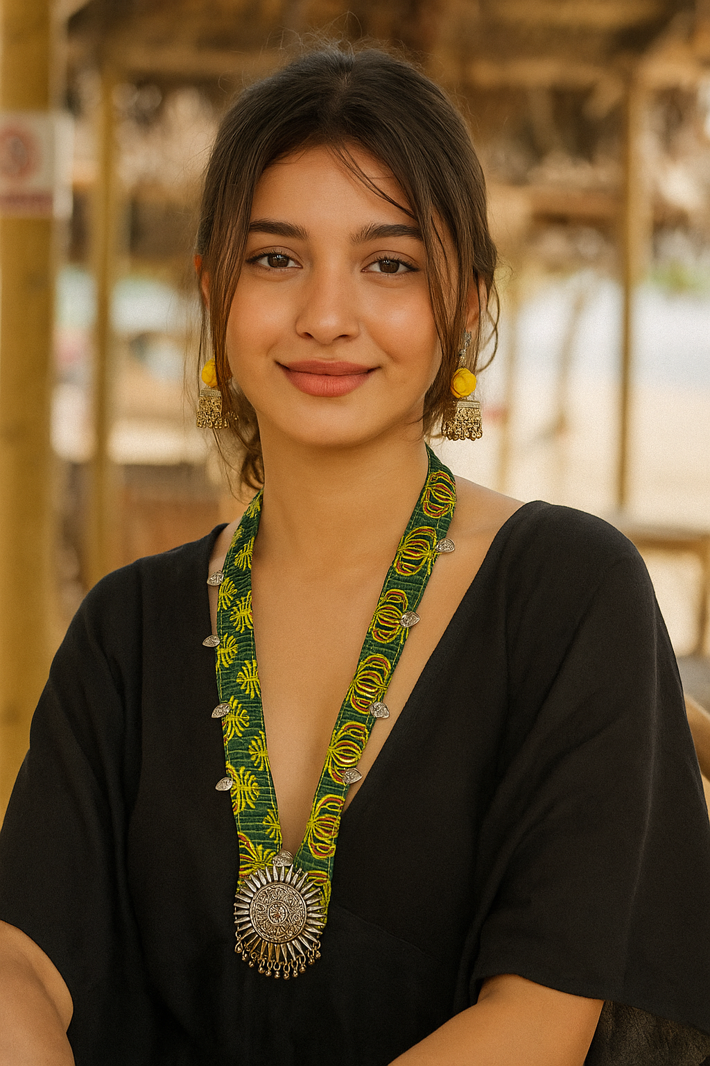 Green Block Printed Fabric Collar Necklace Set with Metal Pendant and Charms