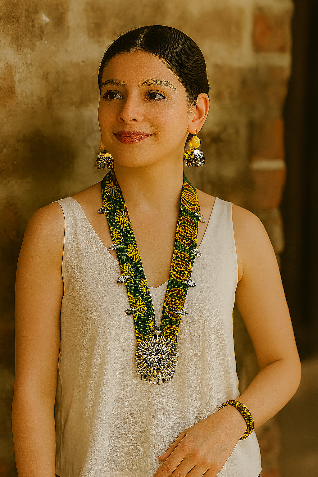 Green Block Printed Fabric Collar Necklace Set with Metal Pendant and Charms
