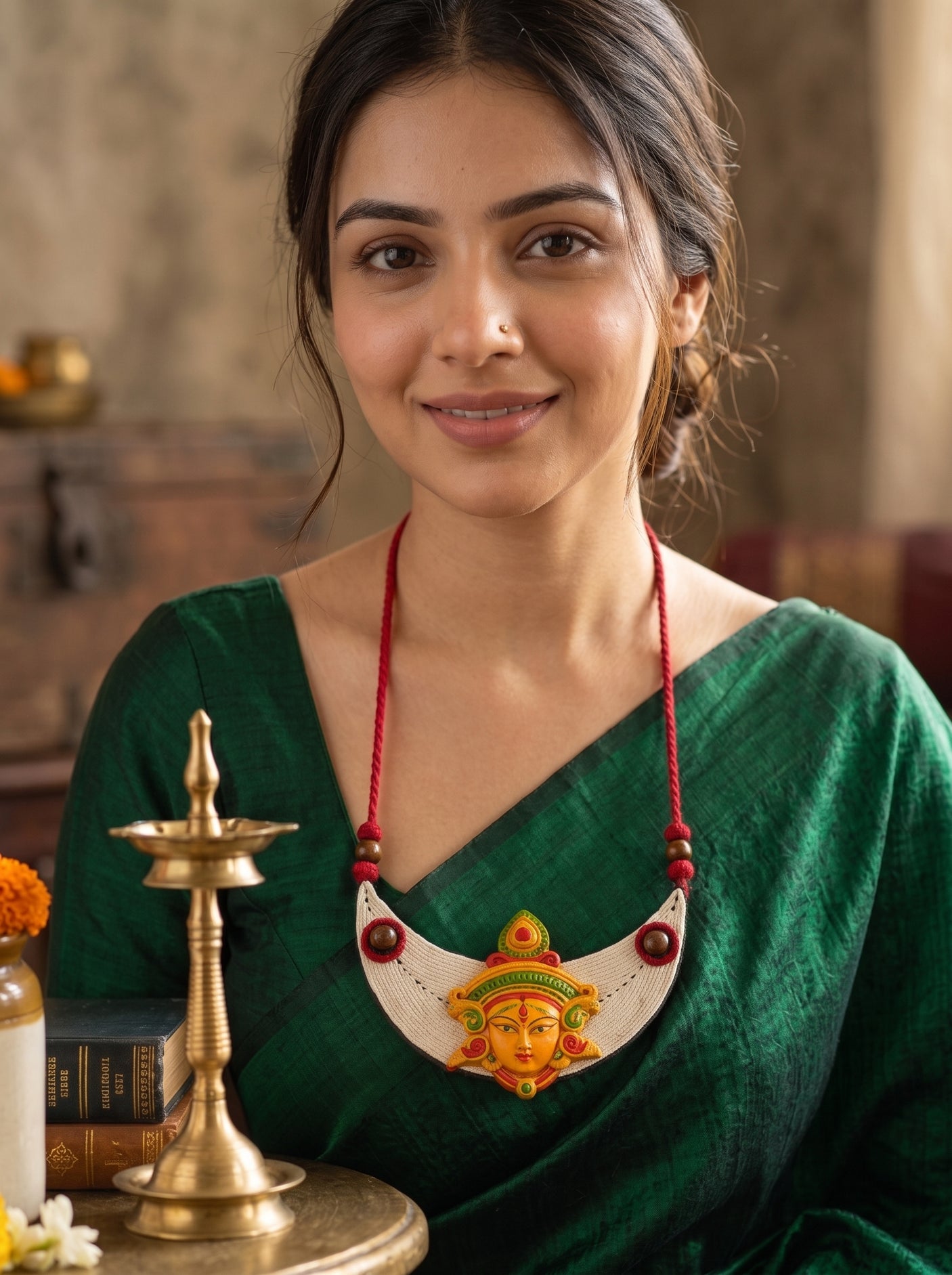 Hand-Painted Devi Face Macrame and Terracotta Clay Necklace