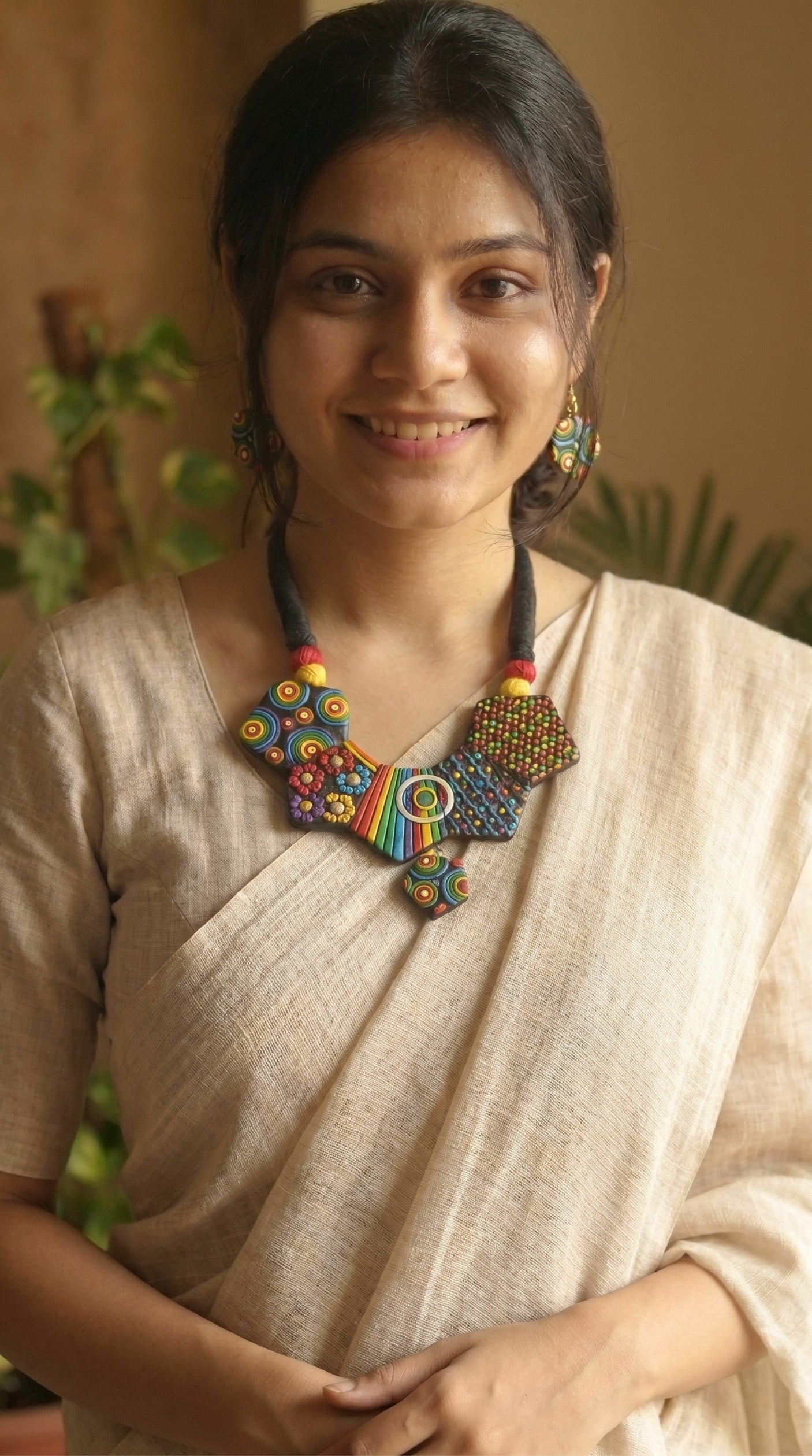 Hand-Painted Terracotta Clay Mosaic Statement Necklace Set