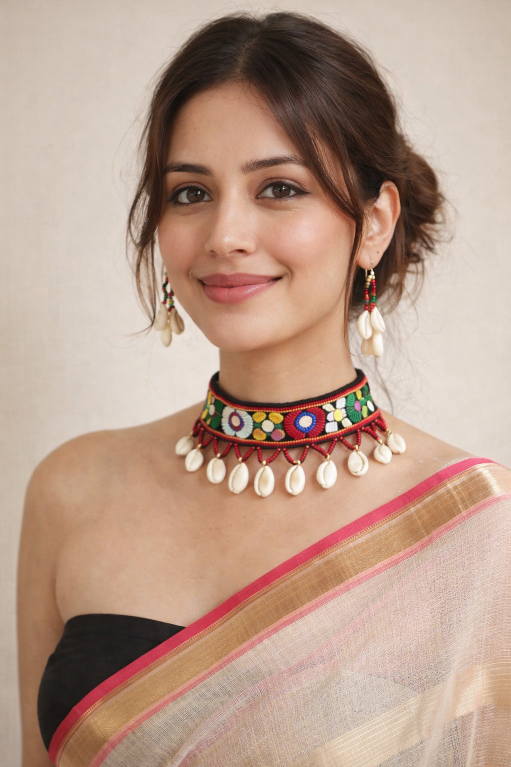 Hand Embroidered Fabric Choker Necklace Set with Shells