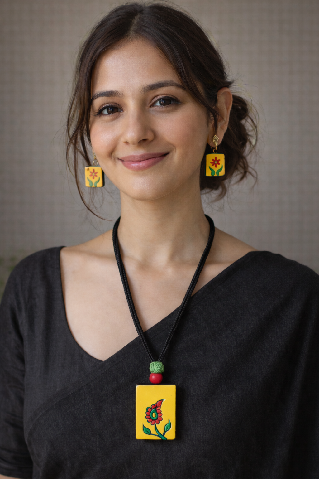 Hand Painted Flowers Terracotta Clay Necklace Set with Adjustable Length Cotton Dori Closure