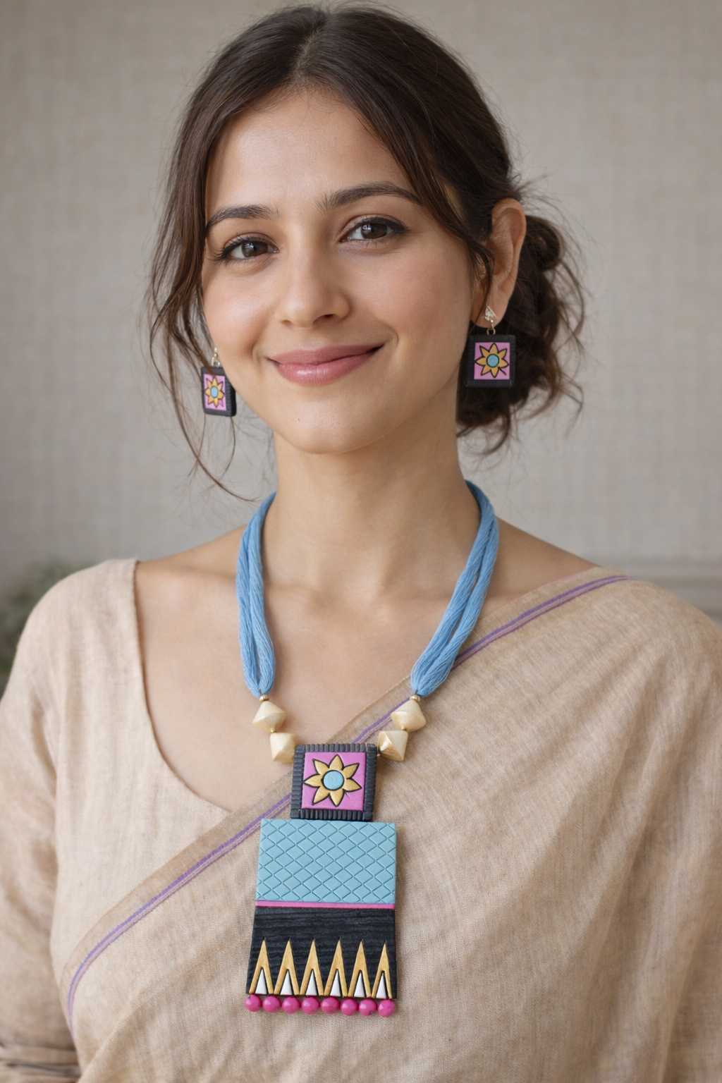 Hand Painted Terracotta Clay Elegant Adjustable Thread Closure Necklace Set