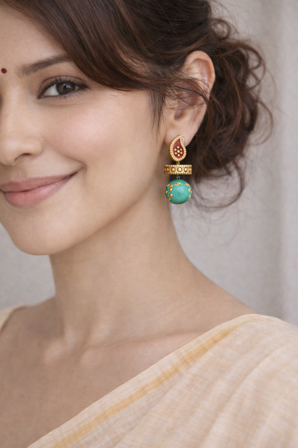 Handcrafted Gold and Turquoise Terracotta Clay Dangler Earrings