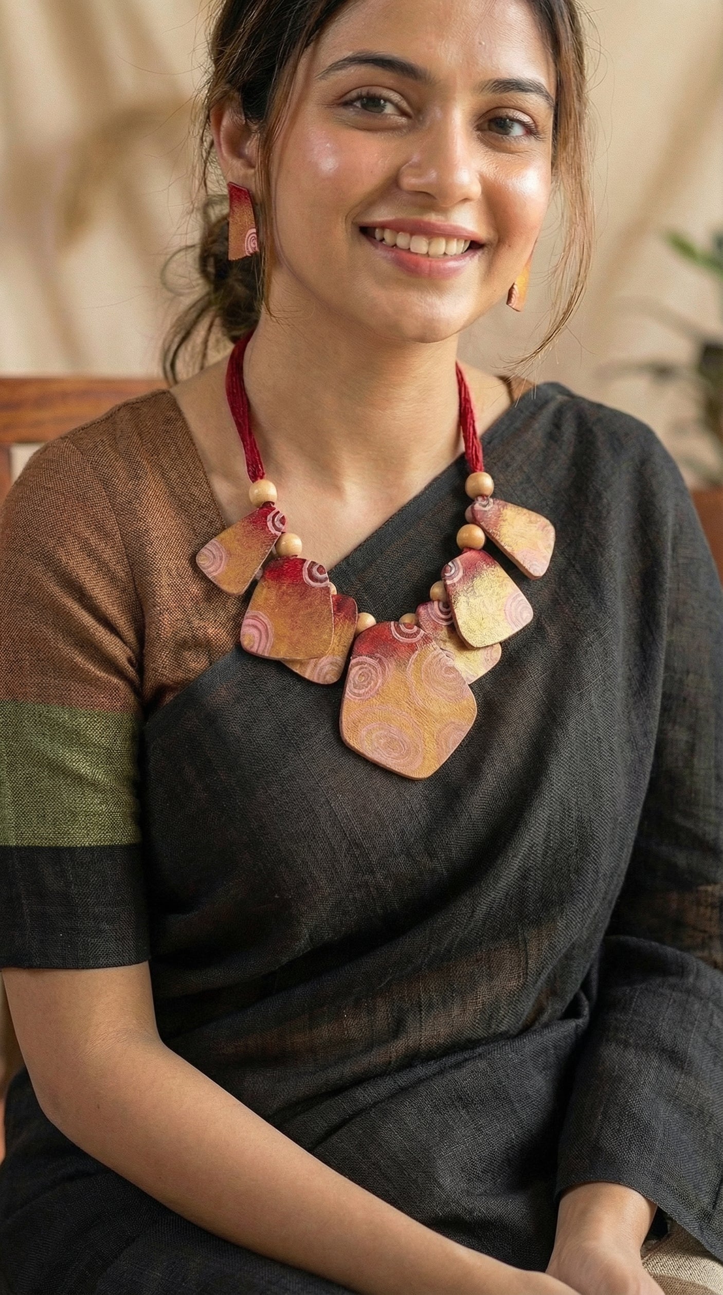 Handmade Fabric and Wooden Beads Necklace Set