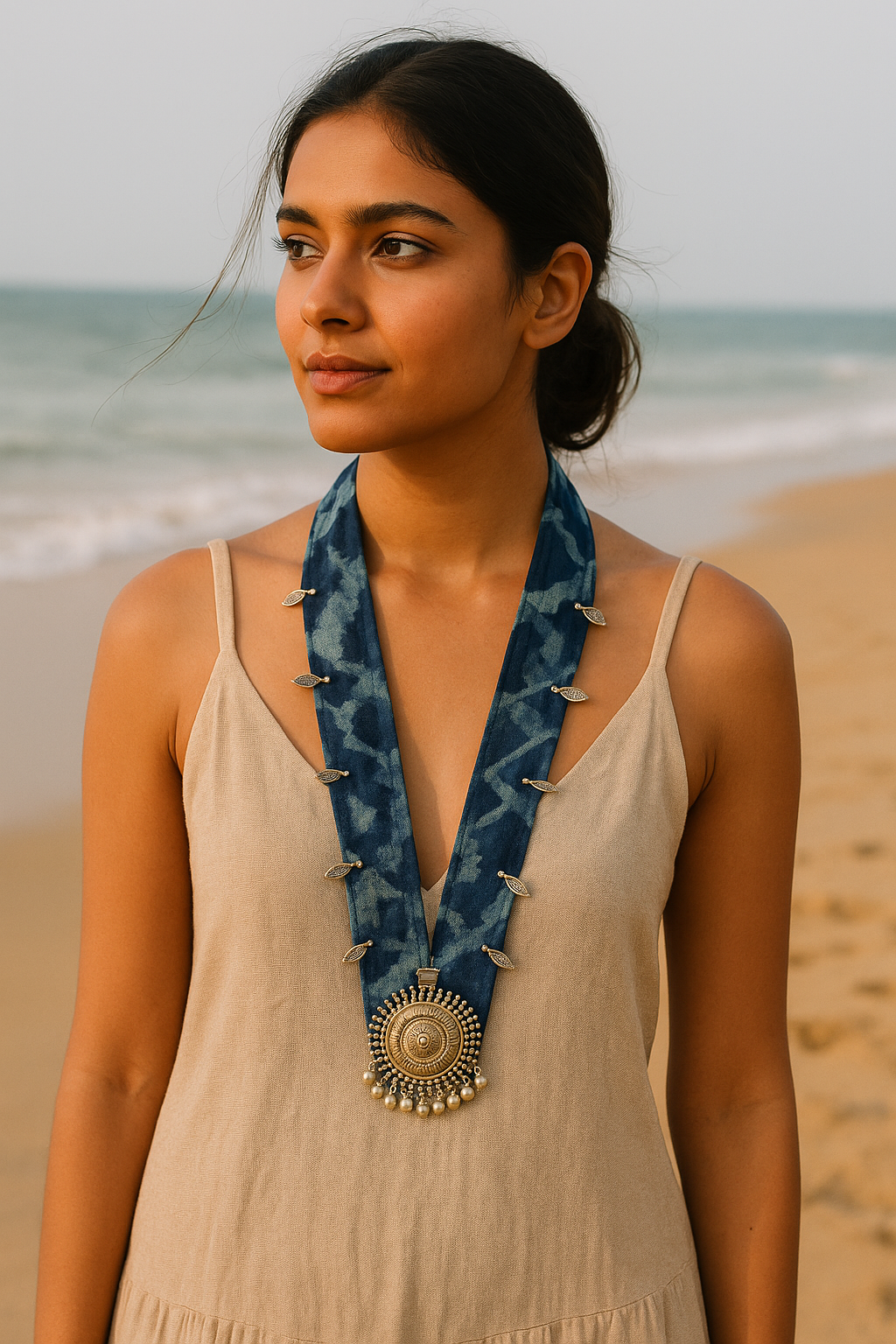 Indigo Block Printed Fabric and Oxidised Metal Pendant Collar Necklace Set