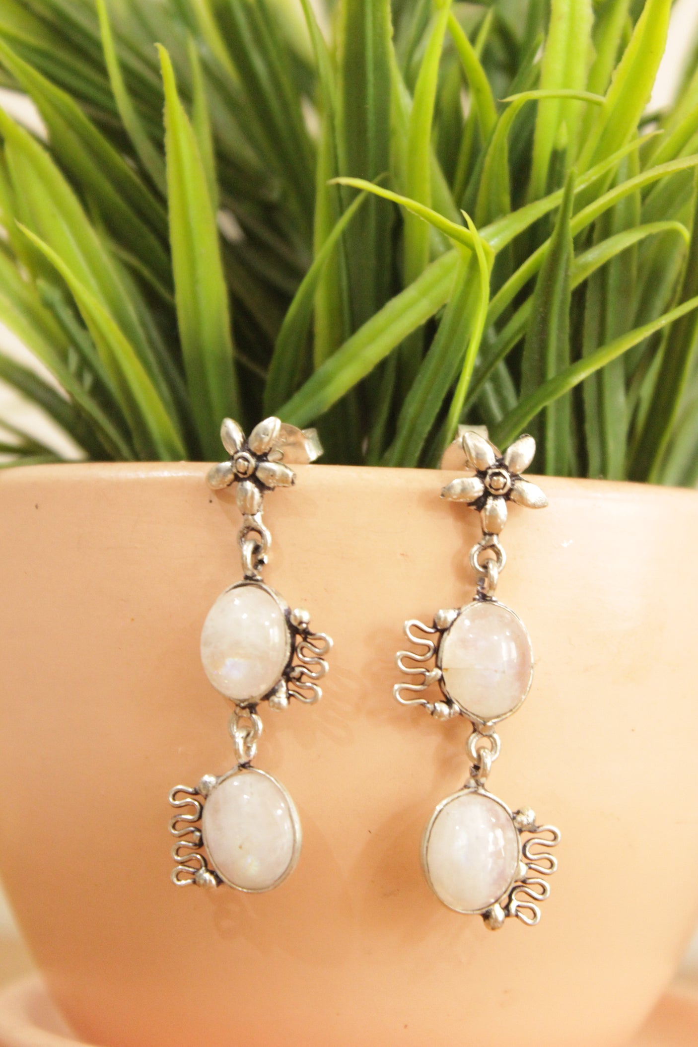 Rainbow Moonstone Natural Gemstone Silver Finish Earrings
