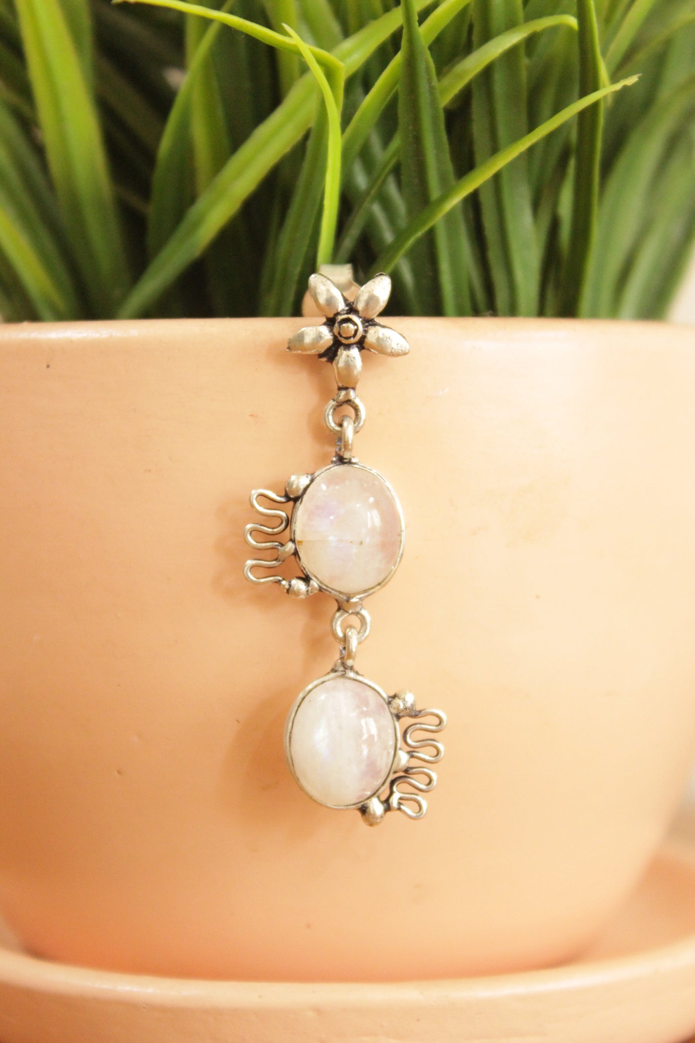 Rainbow Moonstone Natural Gemstone Silver Finish Earrings