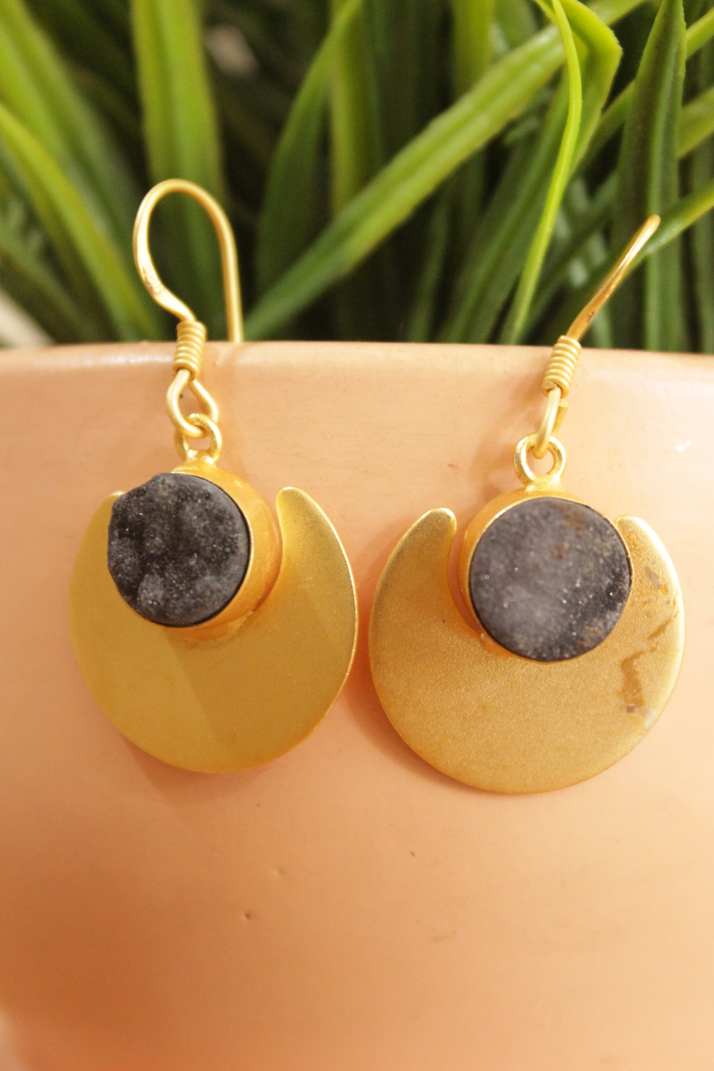 Black Sugar Druzy Natural Gemstone Gold Plated Moon Style Earrings