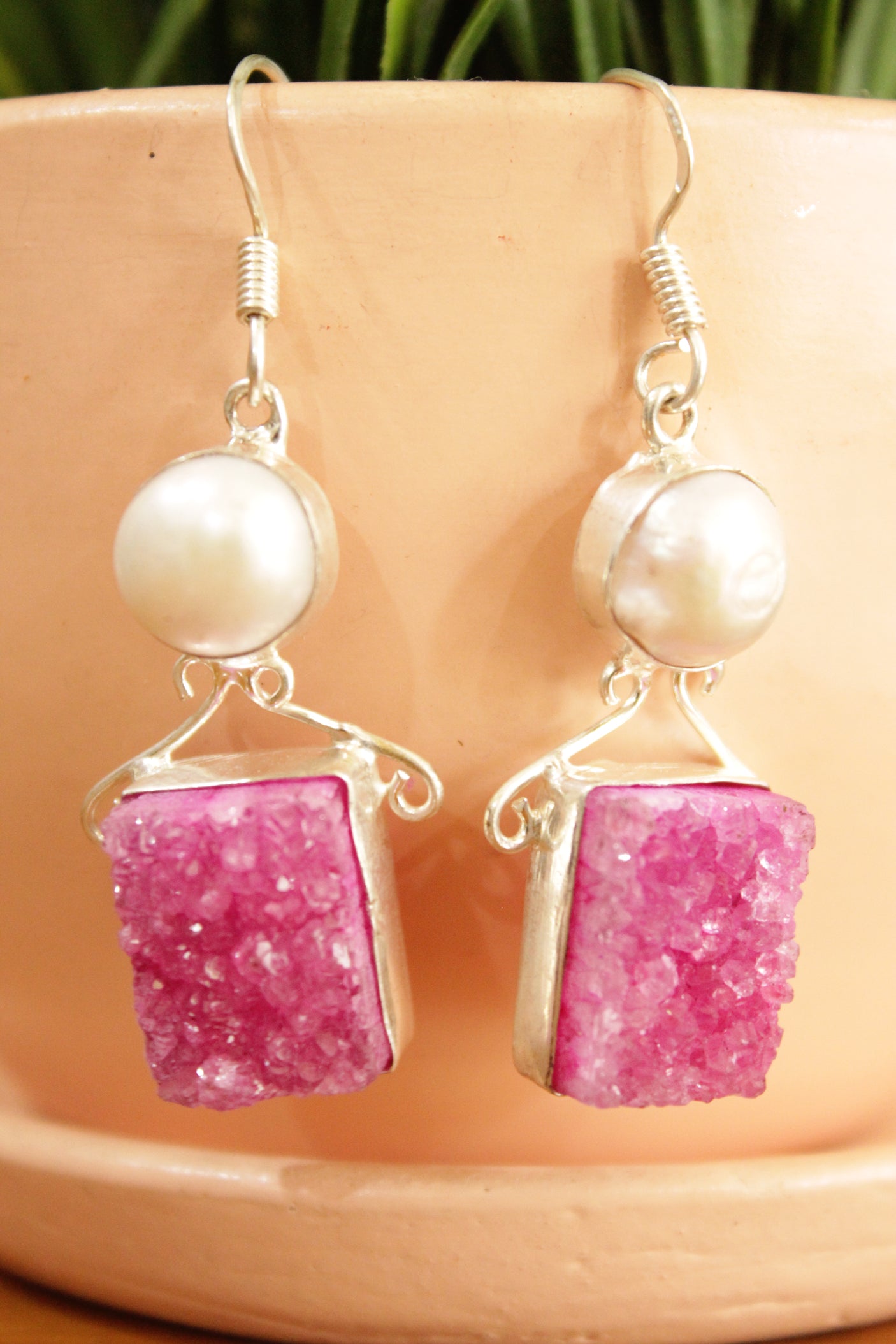 Pink Sugar Druzy and Pearl Natural Gemstone Silver Finish Earrings