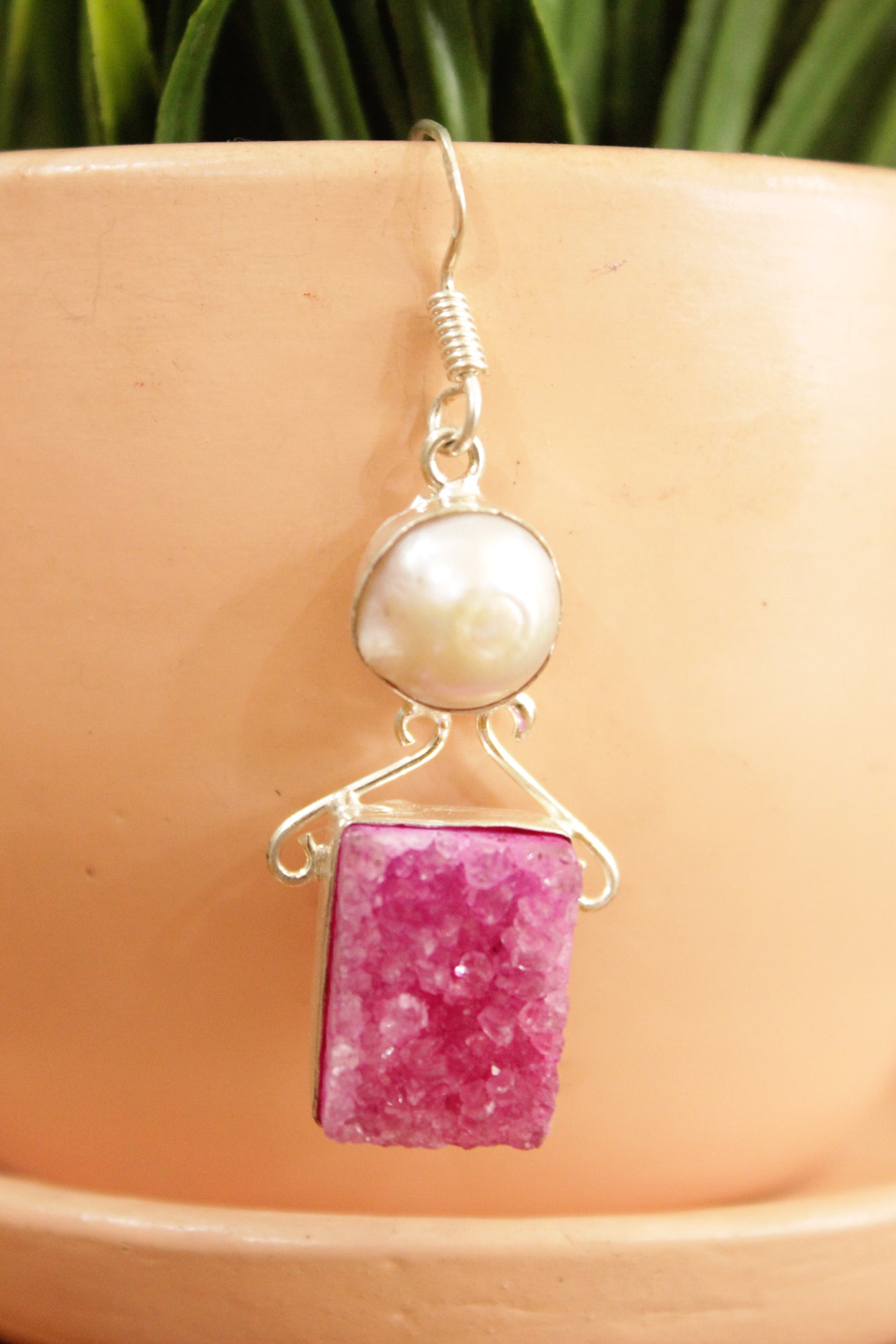 Pink Sugar Druzy and Pearl Natural Gemstone Silver Finish Earrings