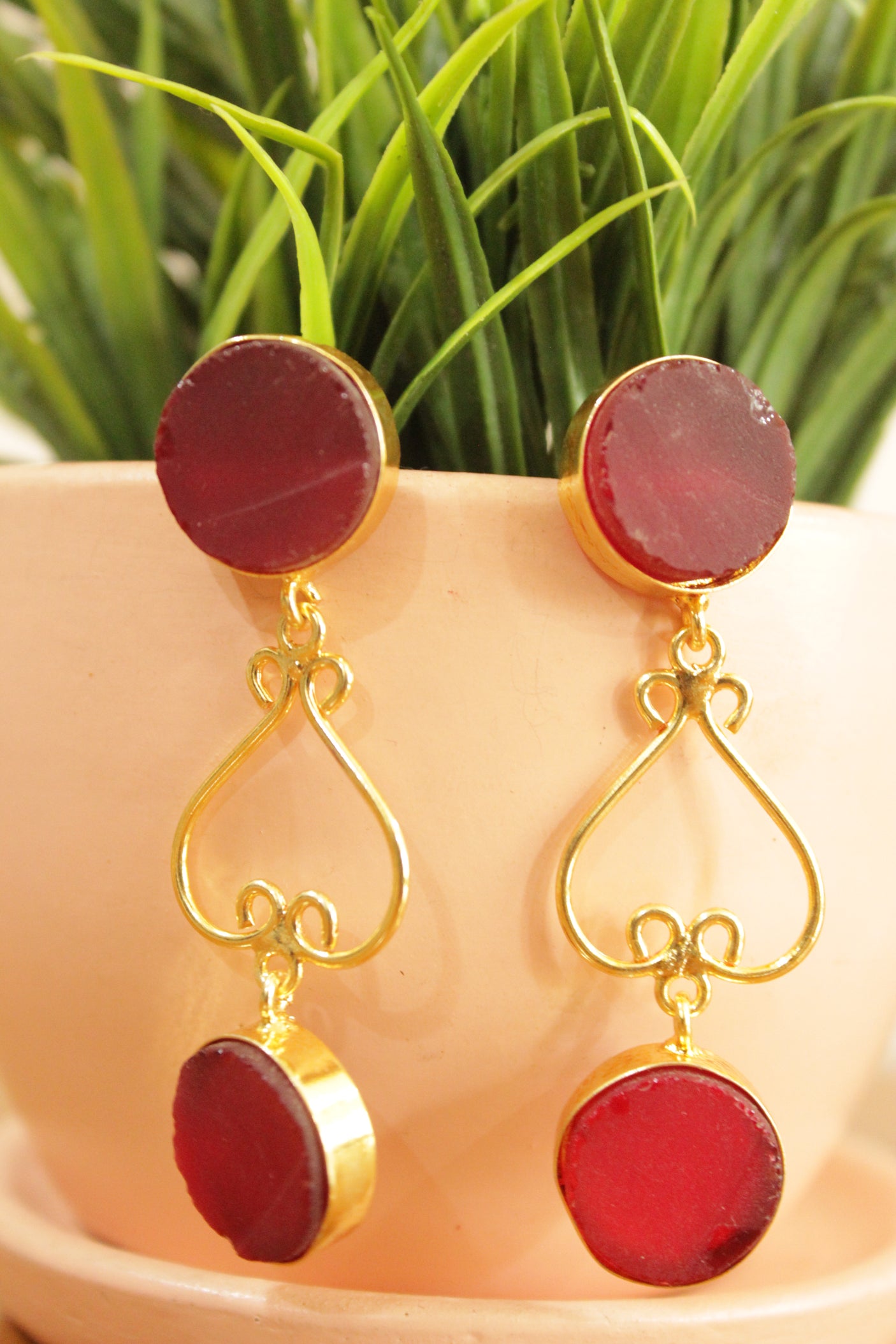 Red Garnet Natural Gemstone Gold Plated Dangler Earrings