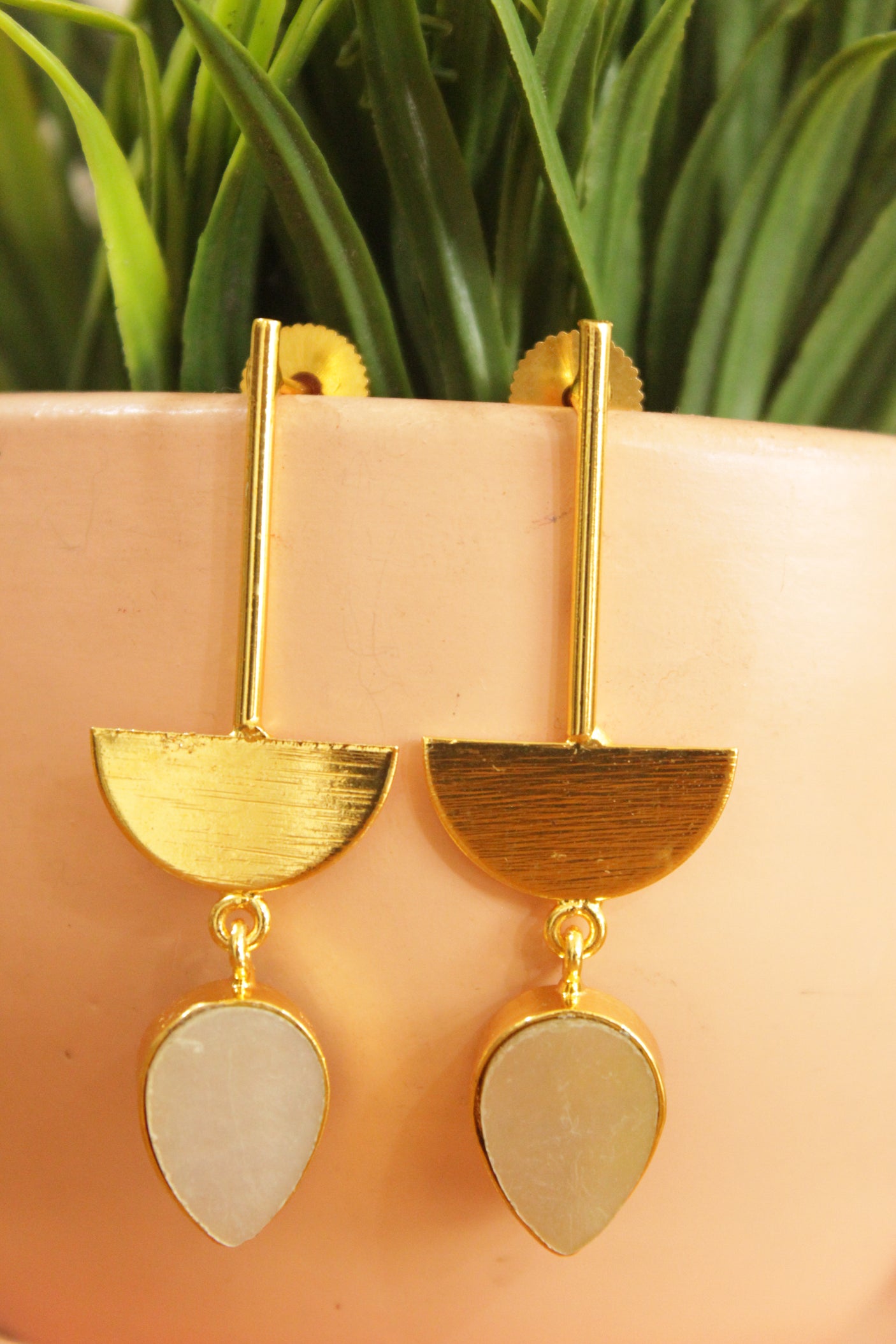Mother of Pearl Natural Gemstone Gold Plated Half Moon Earrings