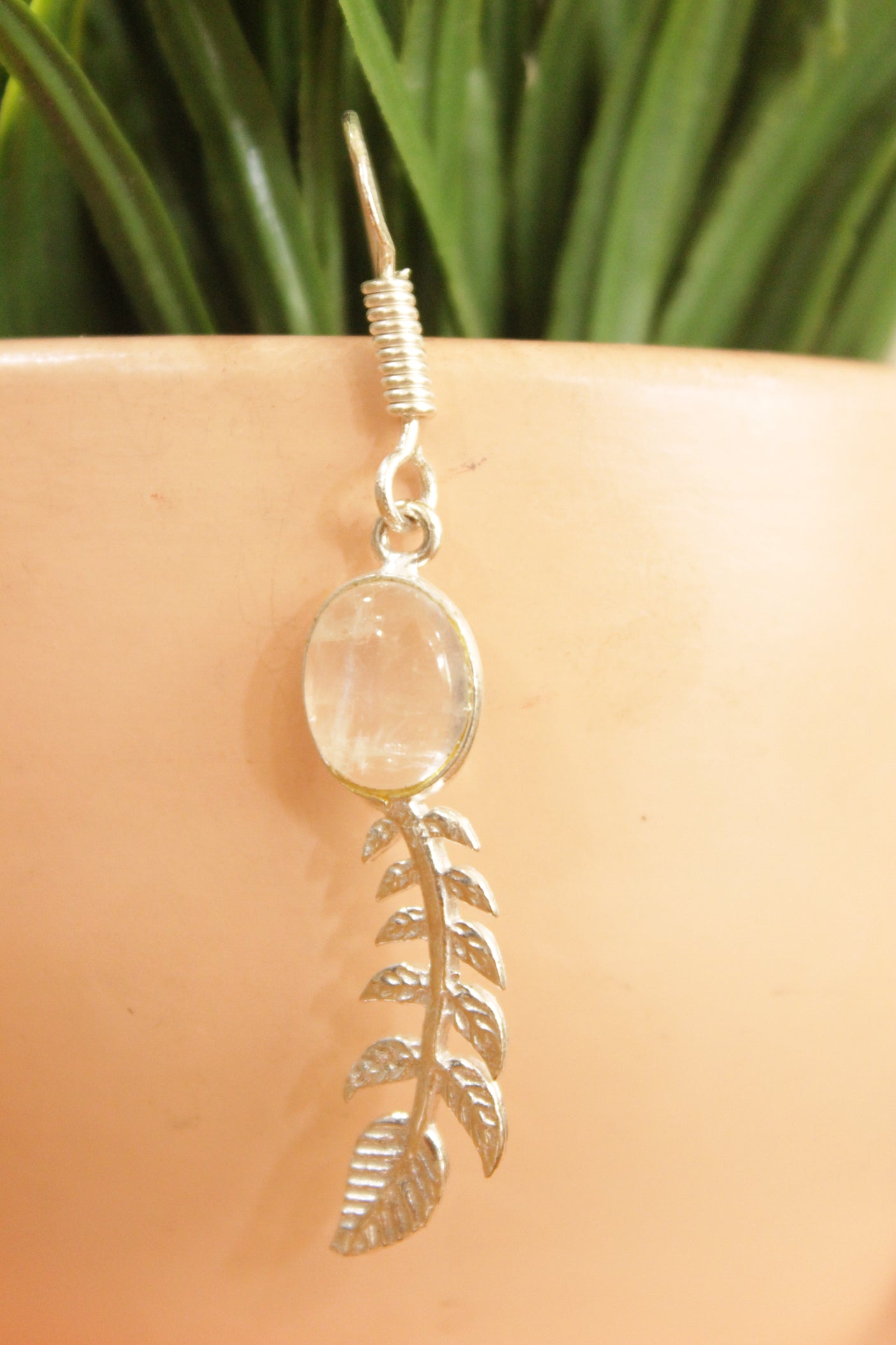 Natural Rainbow Moonstone Silver Plated Leaf Leaf Design Dangler Earrings