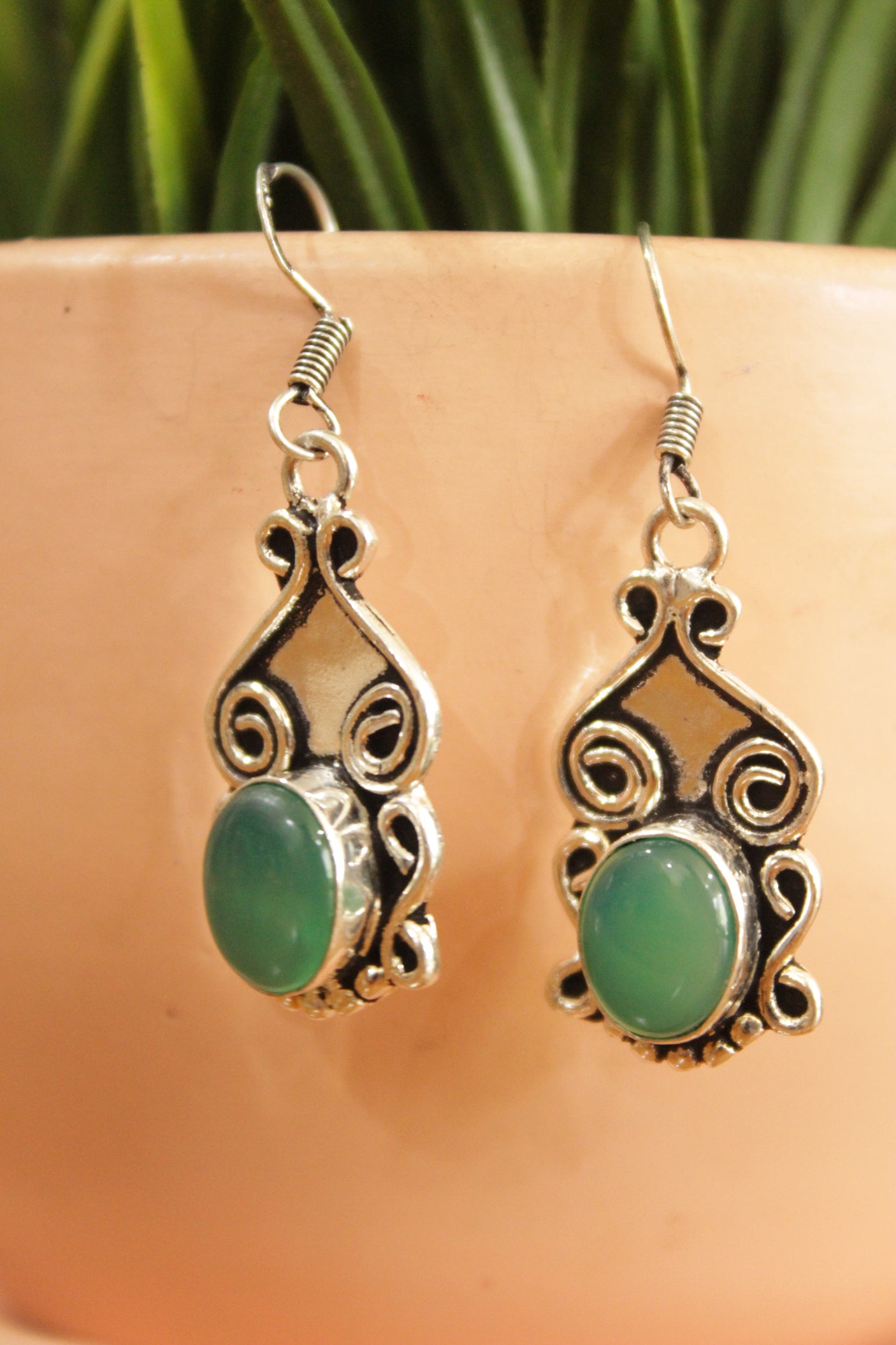 Green Onyx Natural Gemstone Silver Plated Earrings