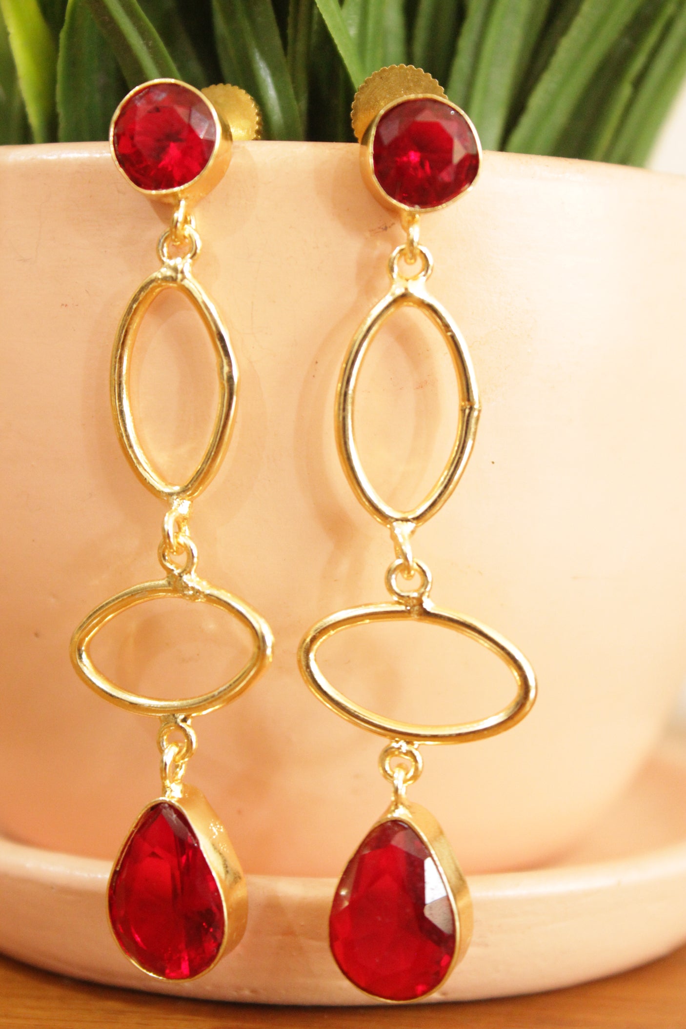 Red Garnet Natural Gemstone Gold Plated Dangler Earrings