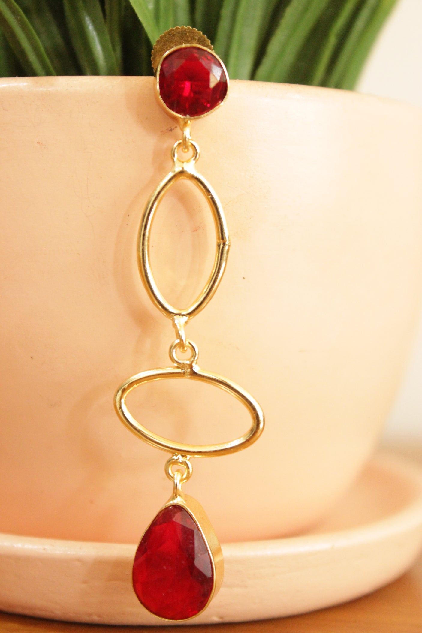 Red Garnet Natural Gemstone Gold Plated Dangler Earrings