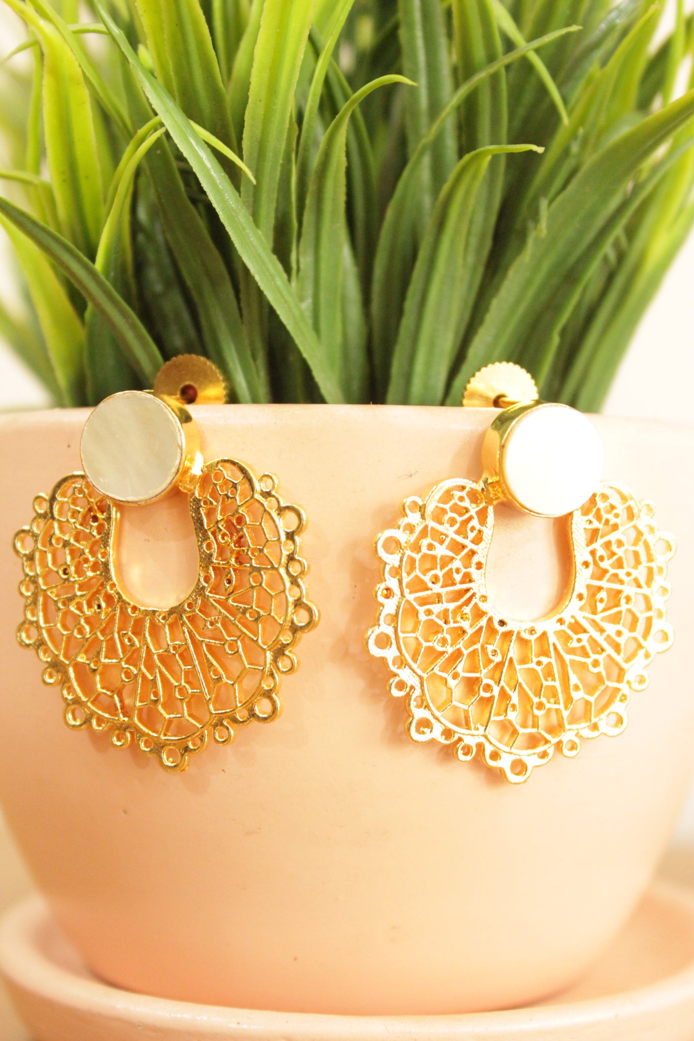 Natural Pearl Gemstone Embedded Gold Plated Feather Earrings