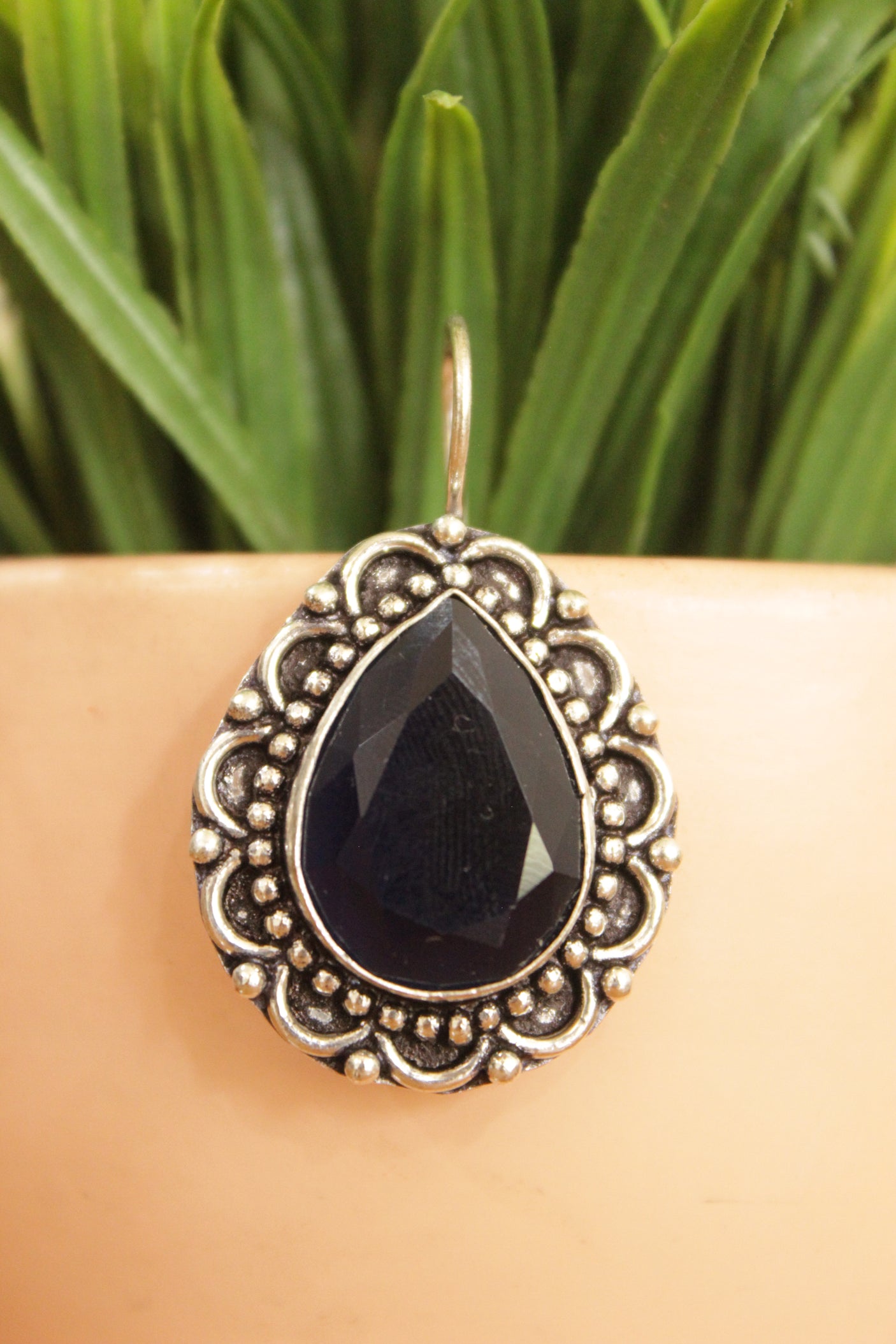 Black Spinel Natural Gemstone Embedded Silver Plated