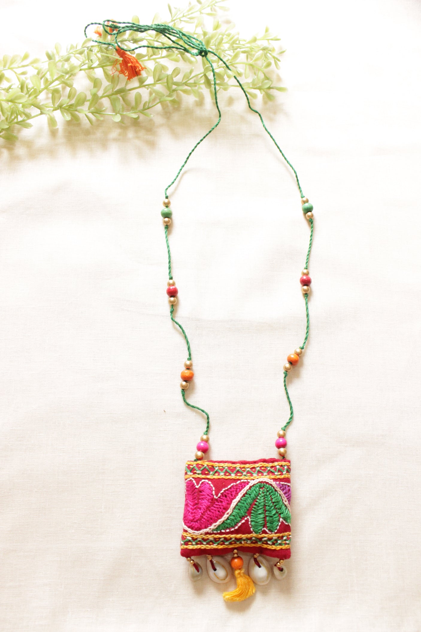 Hand Embroidered Multi-Color Rope Closure Handcrafted Fabric Necklace with Adjustable Closure