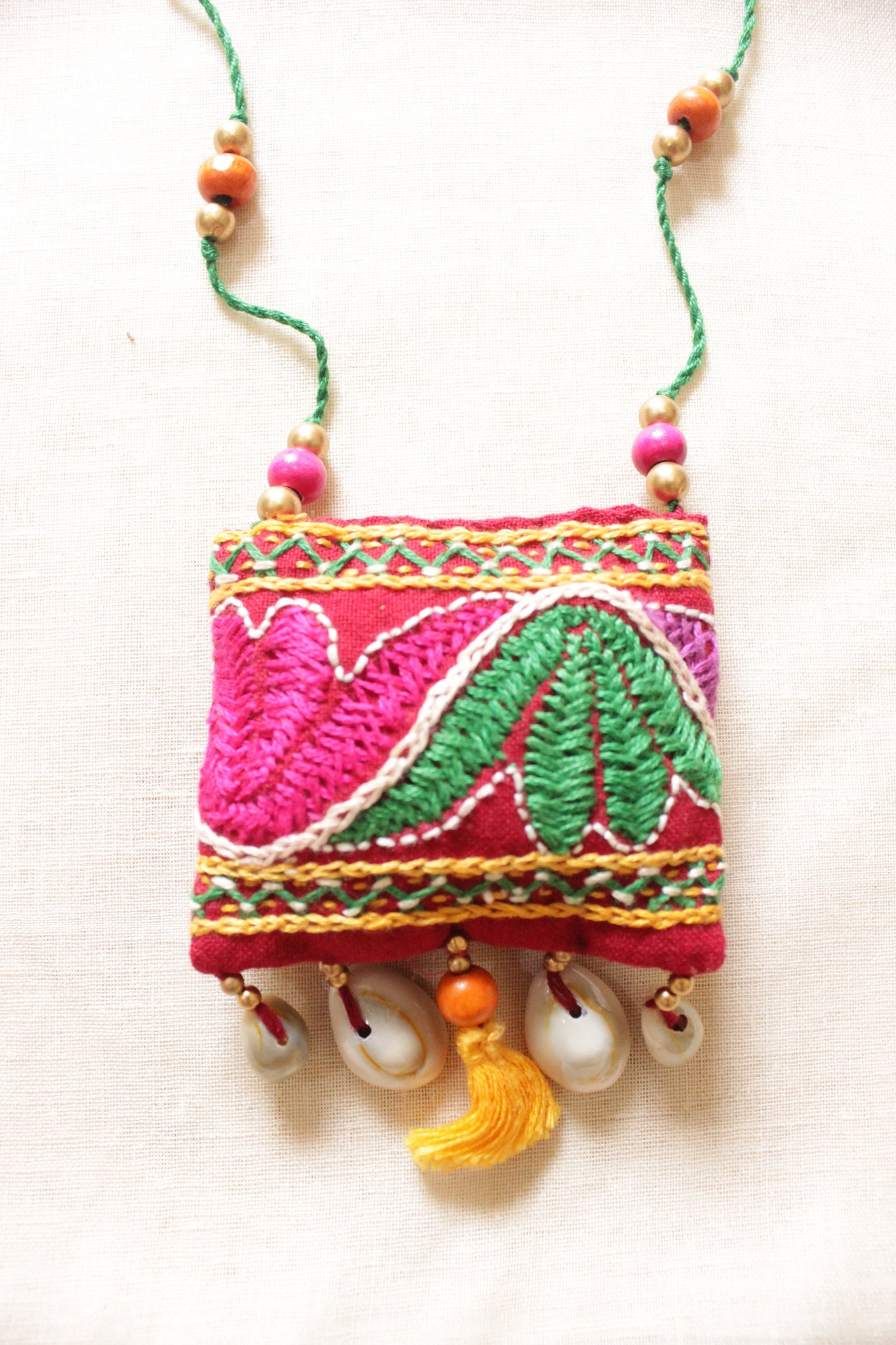Hand Embroidered Multi-Color Rope Closure Handcrafted Fabric Necklace with Adjustable Closure