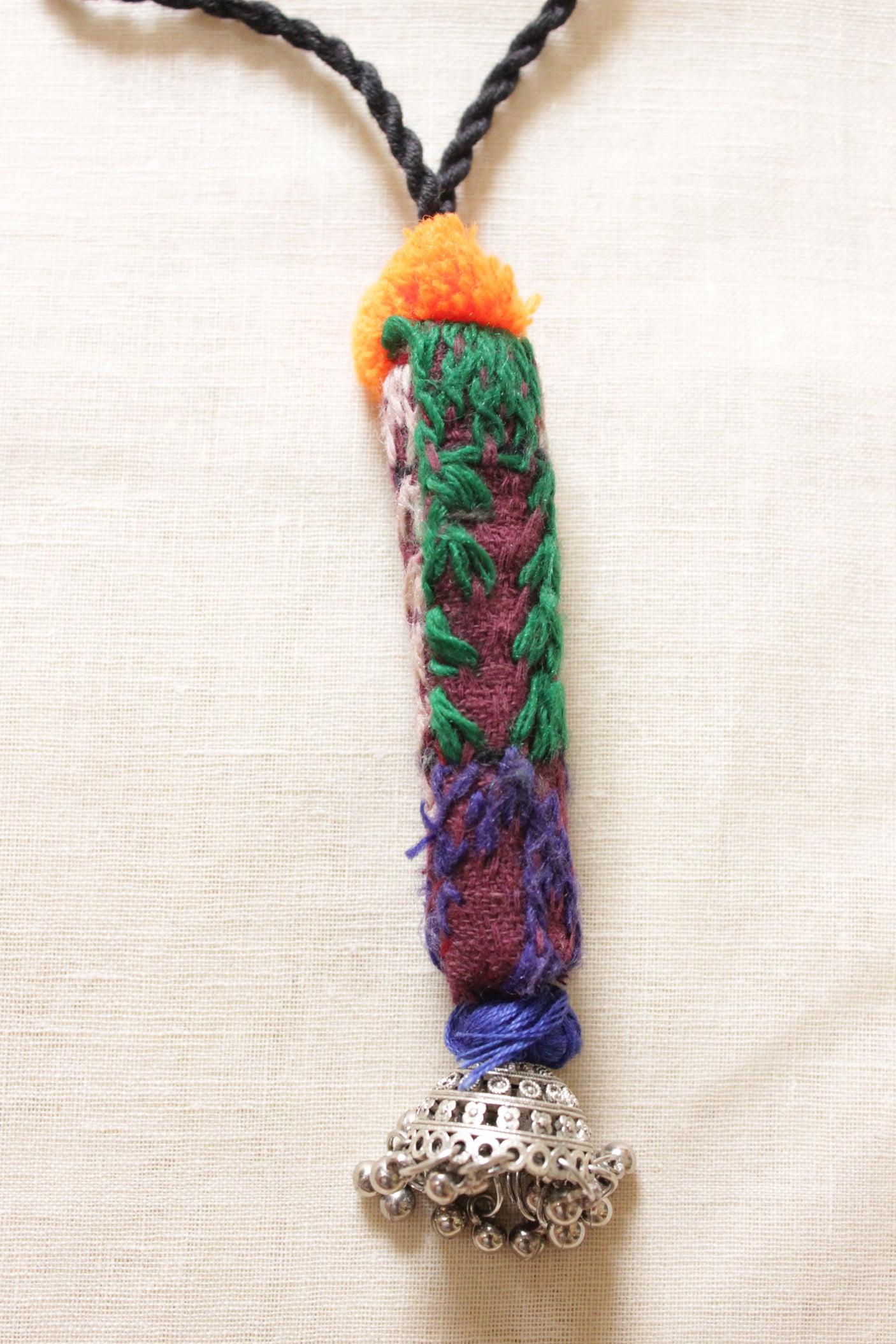 Hand Embroidered Cross-Stitch Necklace with Rope Closure