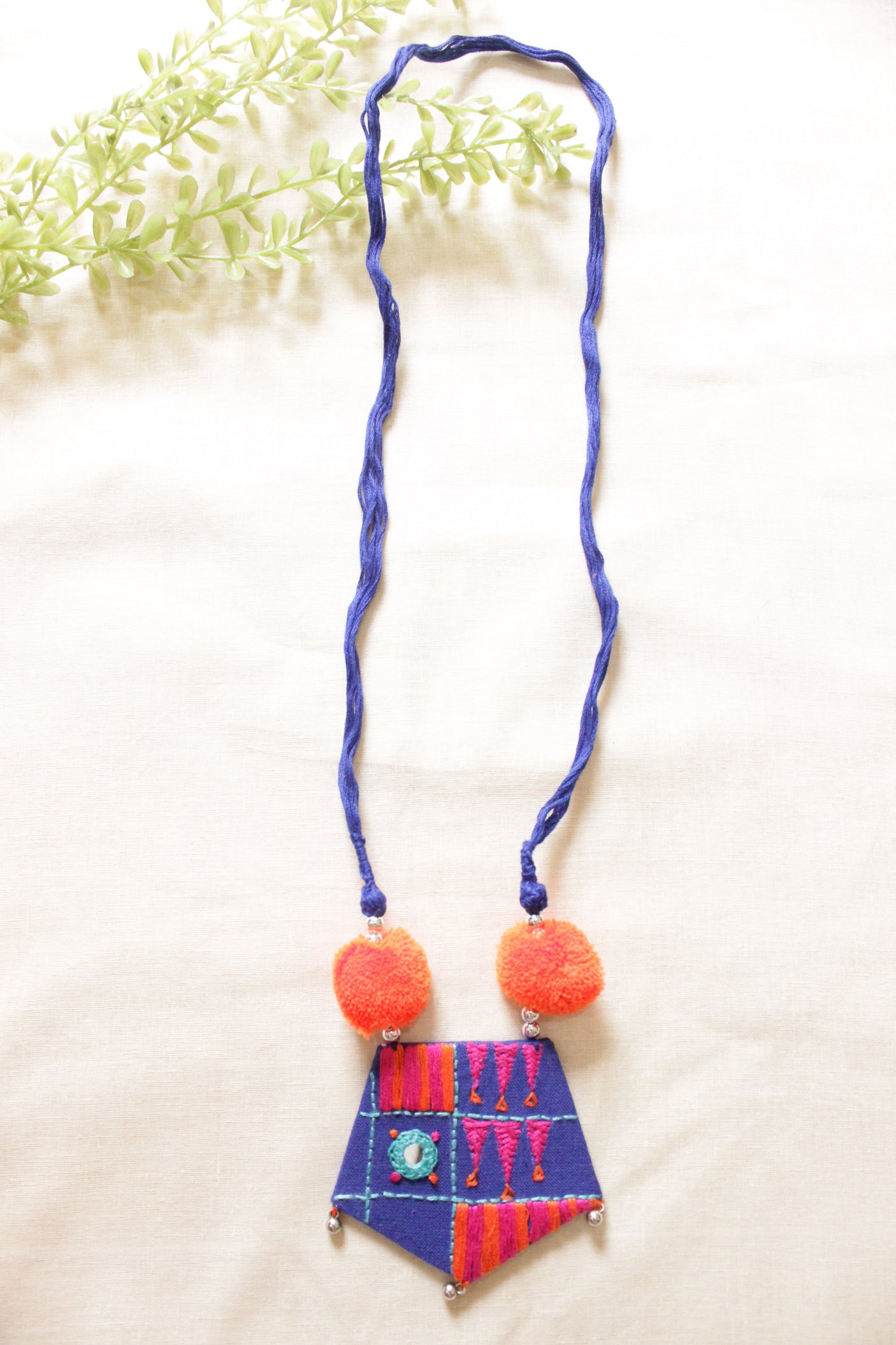 Violet and Orange Handcrafted Mirror Work Fabric Necklace