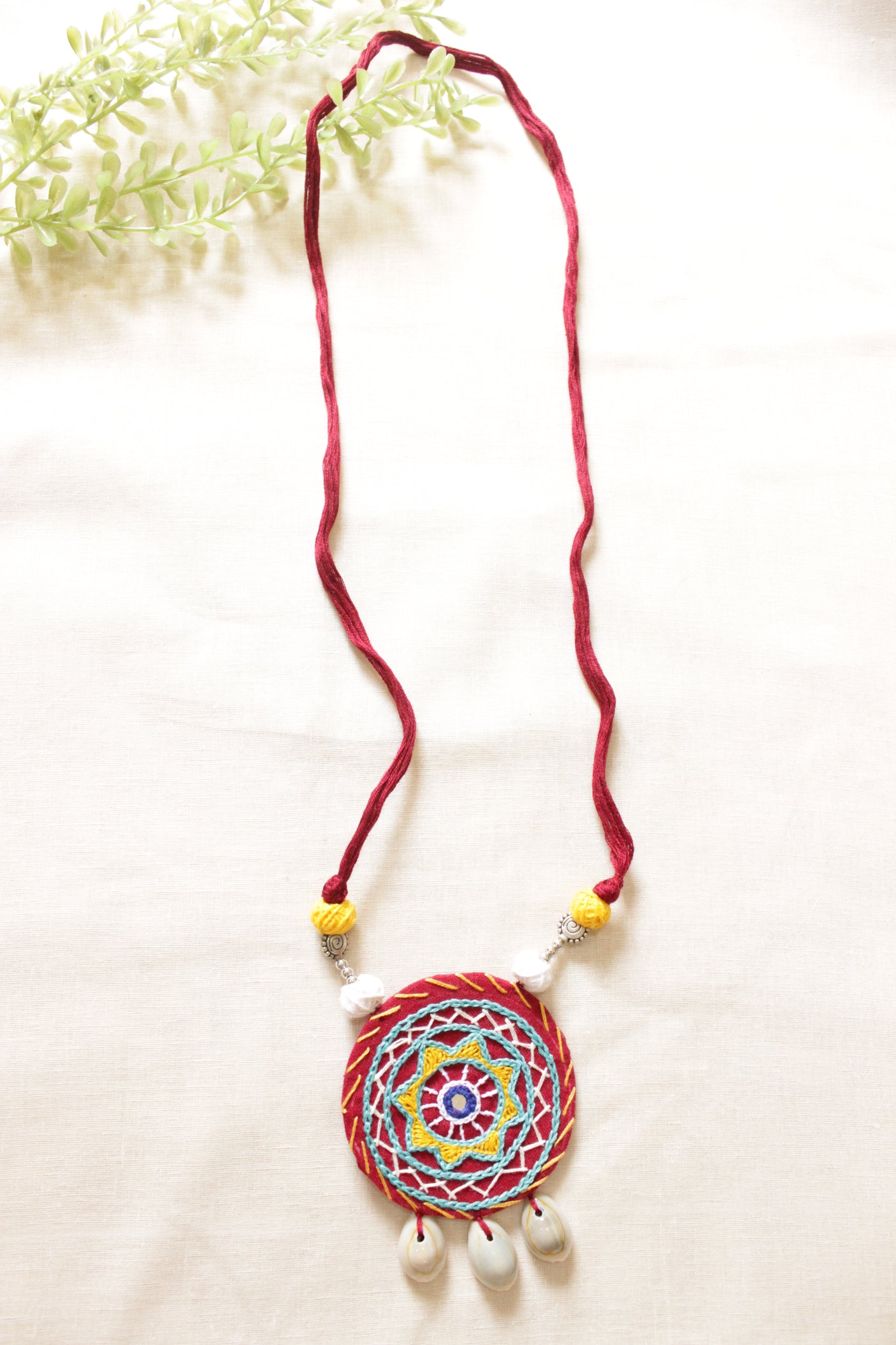 Red & Yellow Cross-Stitch Hand Embroidered Shell Work Fabric Necklace