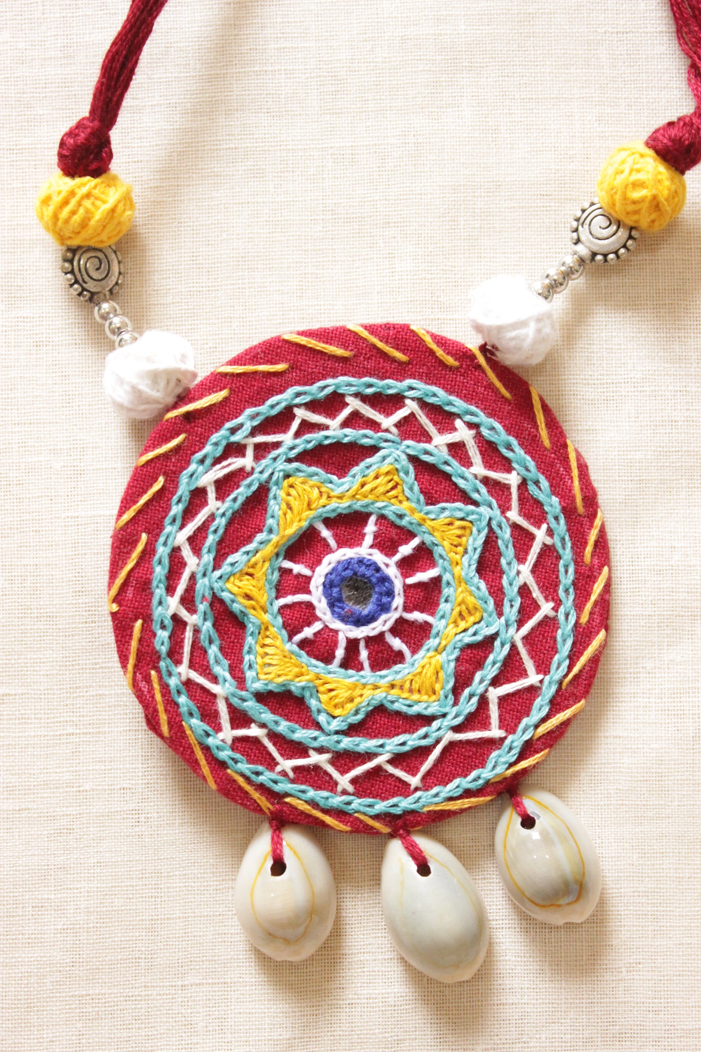 Red & Yellow Cross-Stitch Hand Embroidered Shell Work Fabric Necklace