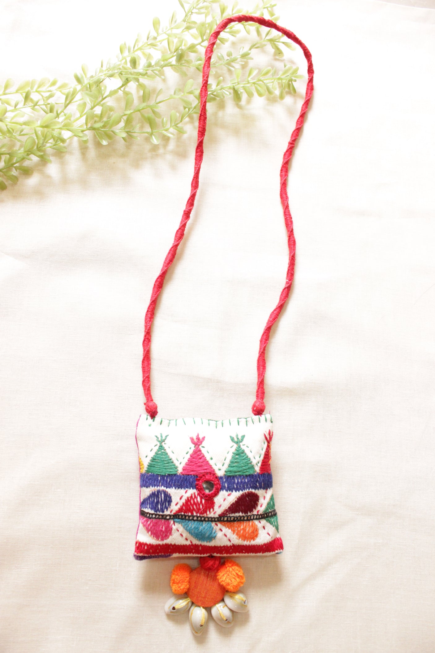 White & Multi-Color Cross-Stitch Hand Embroidered Fabric Necklace