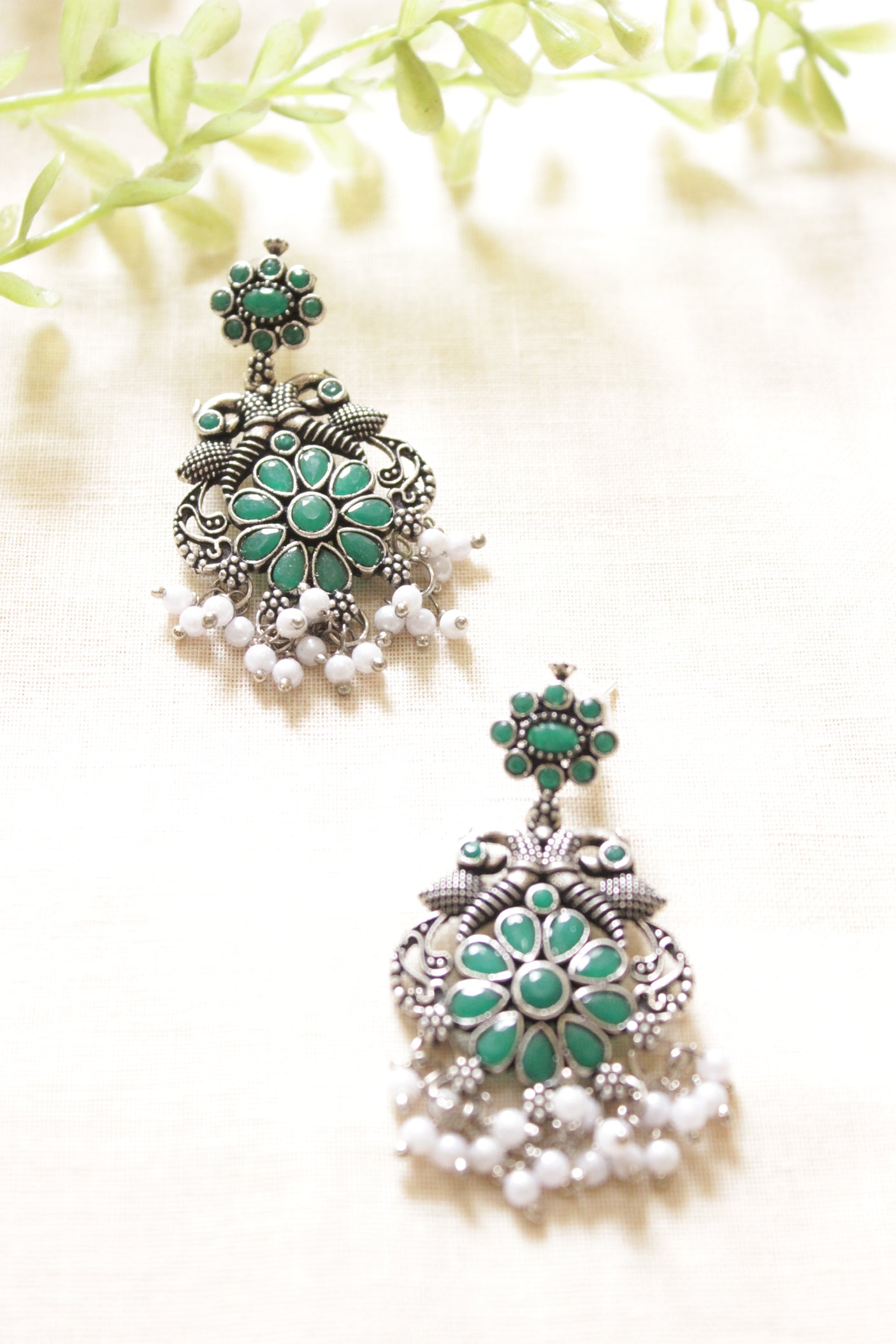 Green Glass Stones Embedded Silver Finish Peacock Motifs Chain Necklace Set