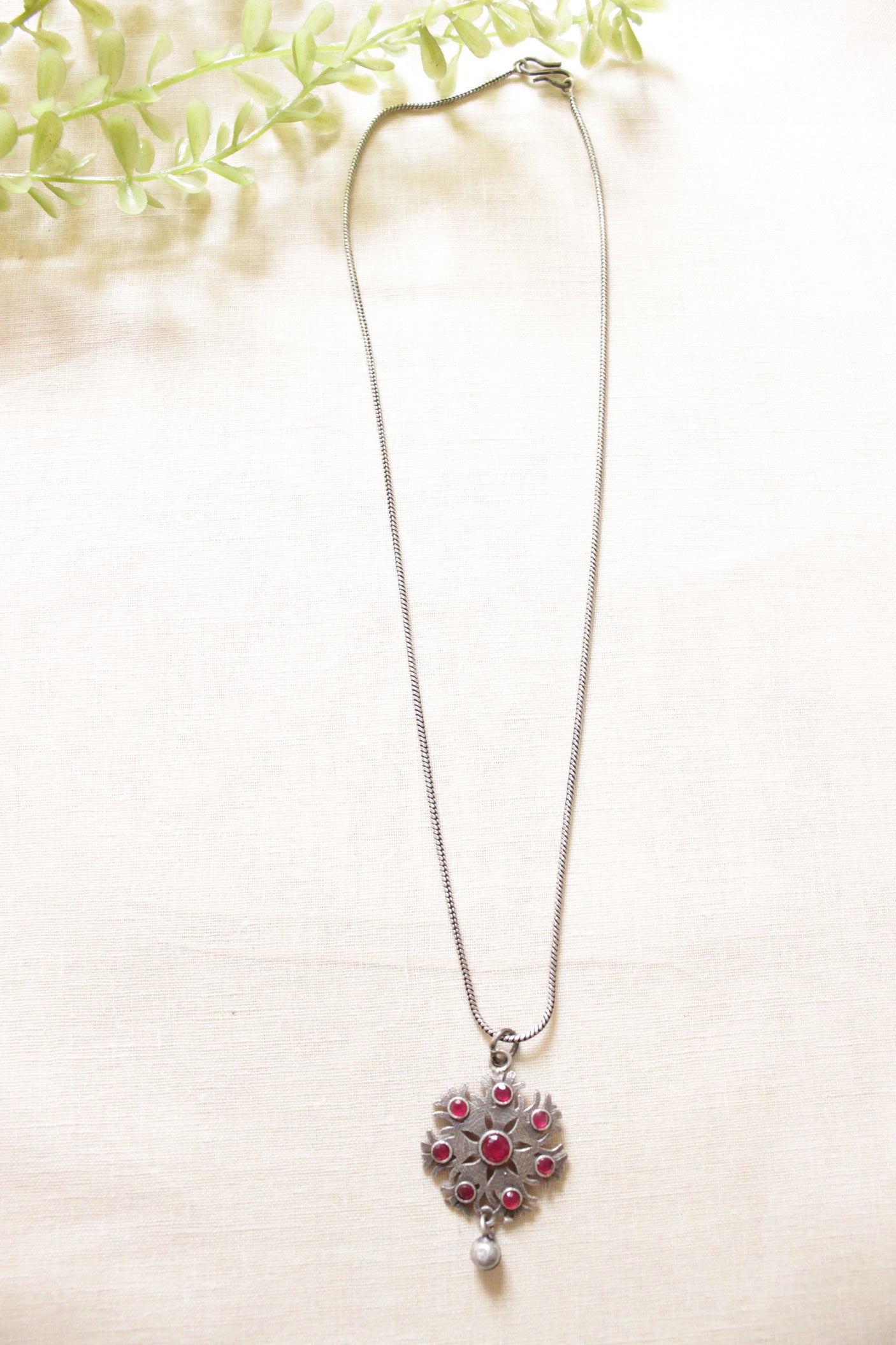 Ruby Glass Stones Embedded Petite Oxidised Finish Pendant Chain Necklace