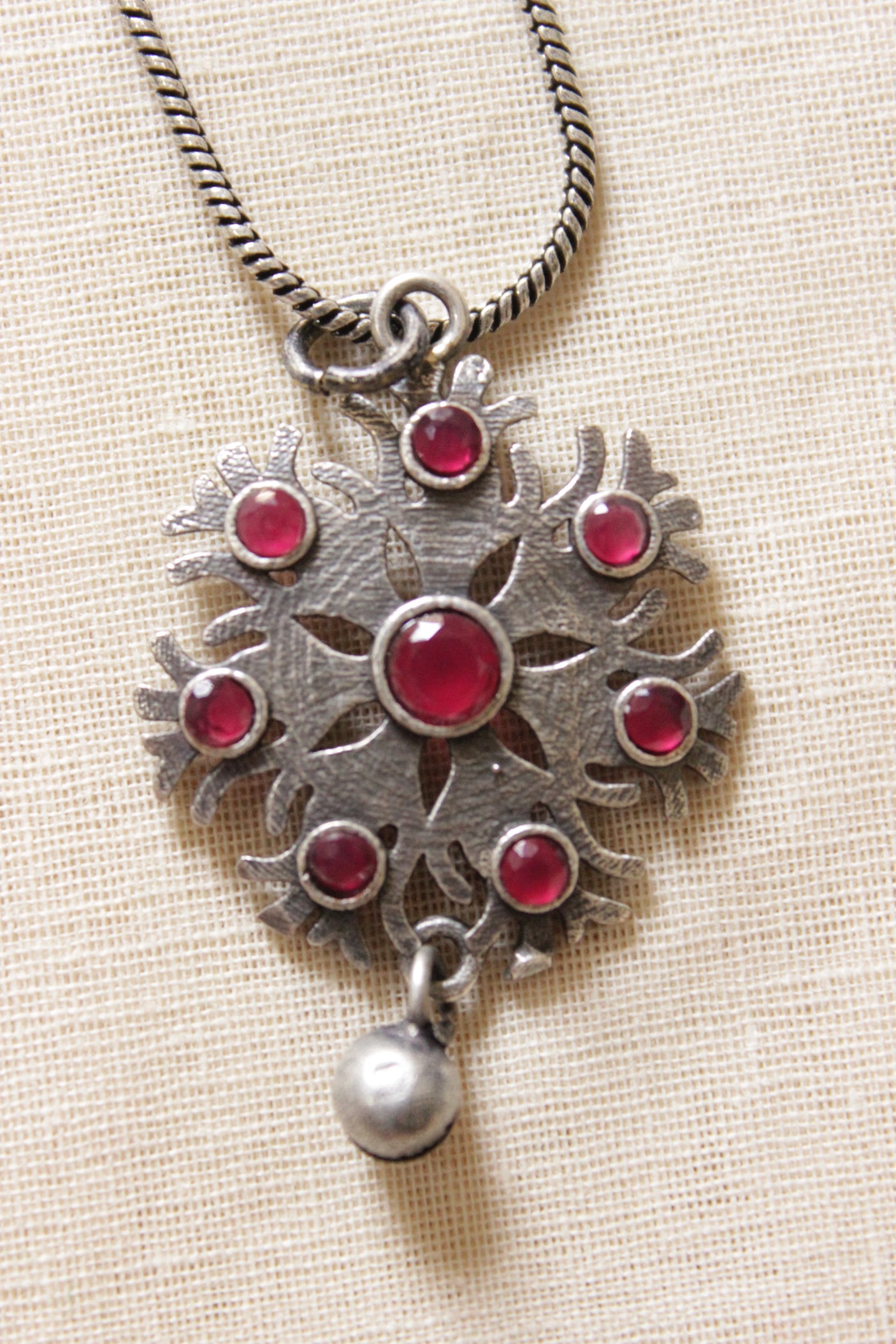 Ruby Glass Stones Embedded Petite Oxidised Finish Pendant Chain Necklace