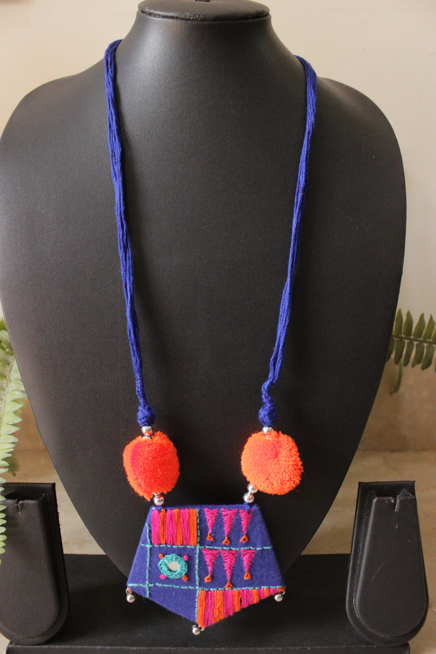 Violet and Orange Handcrafted Mirror Work Fabric Necklace