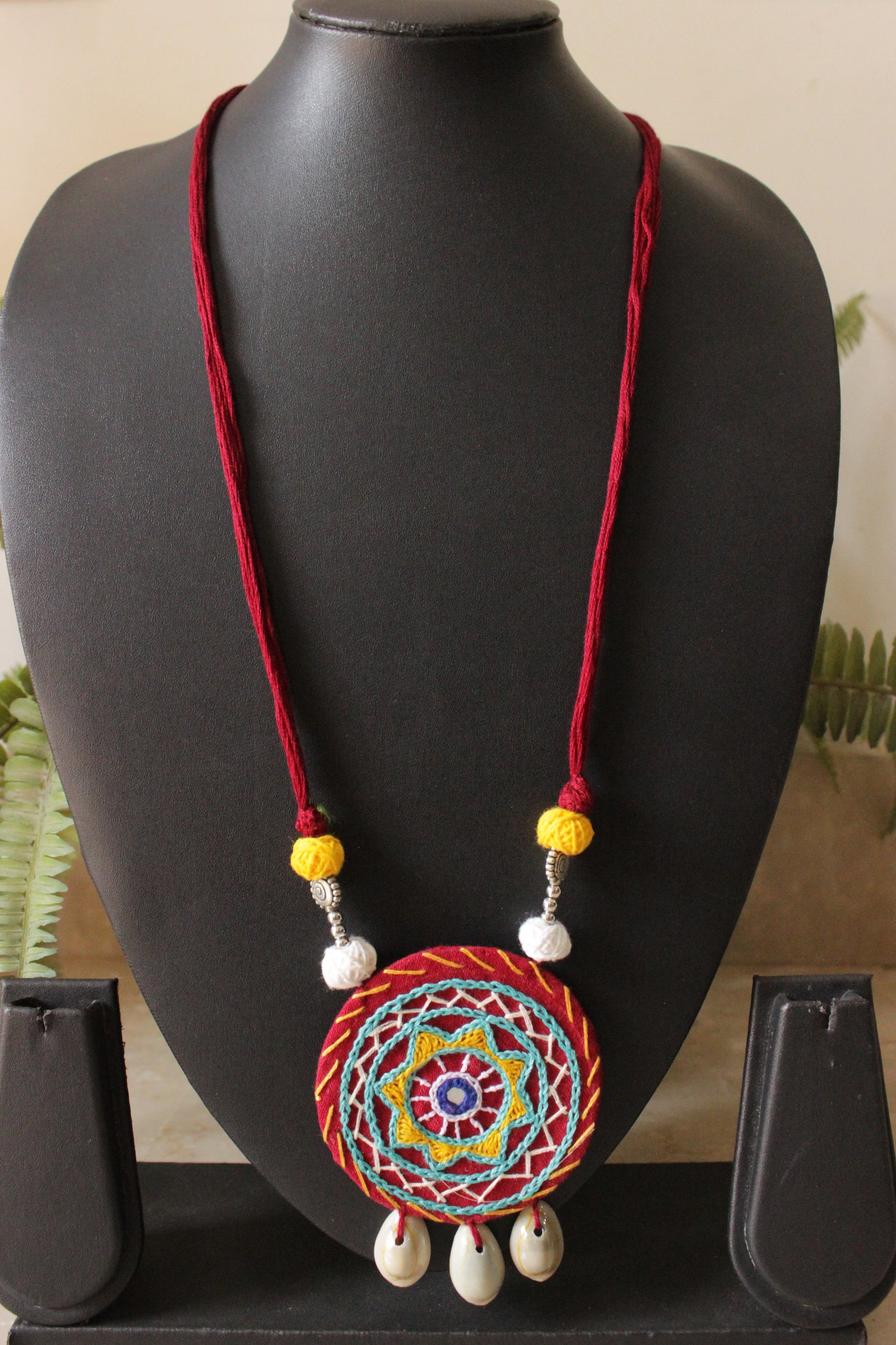 Red & Yellow Cross-Stitch Hand Embroidered Shell Work Fabric Necklace