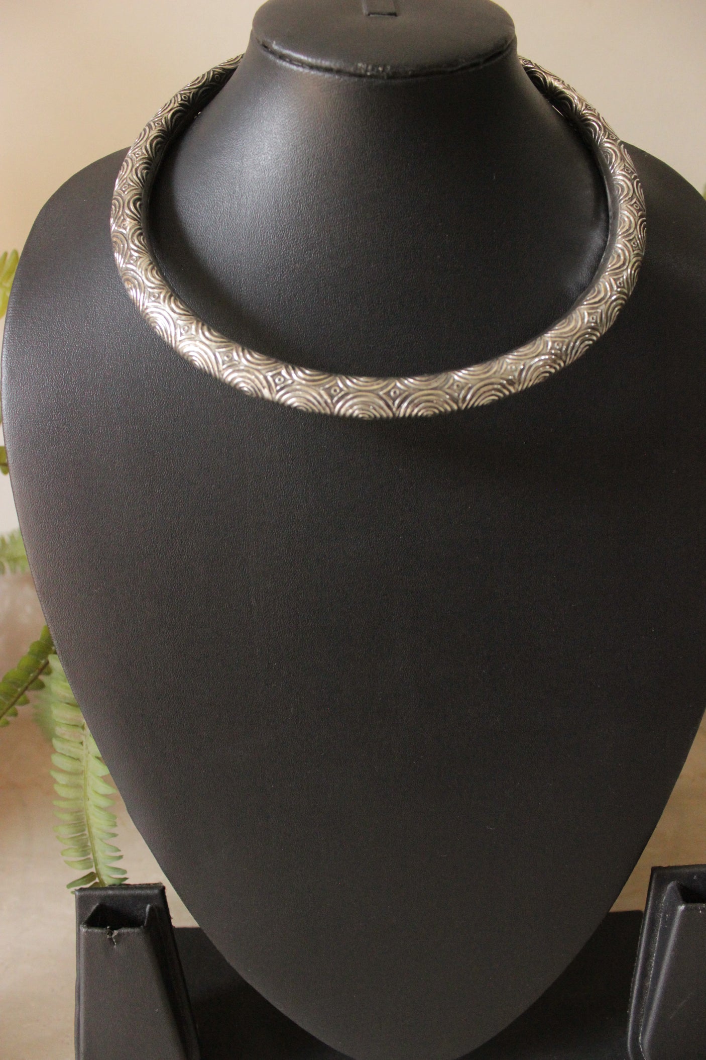 Intricately Detailed Oxidised Finish Silver Plated Hasli Necklace