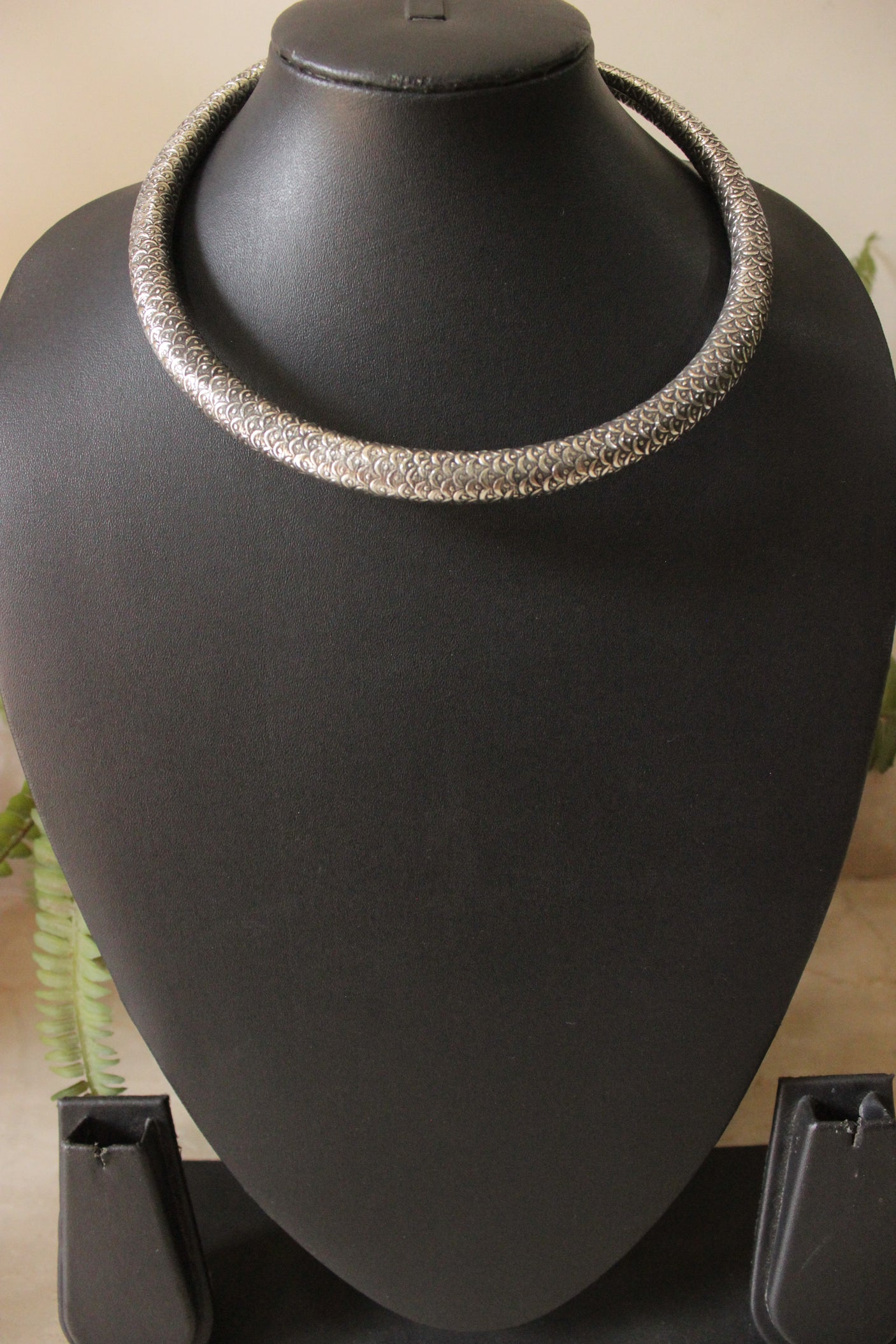 Intricately Detailed Oxidised Finish Silver Plated Hasli Necklace
