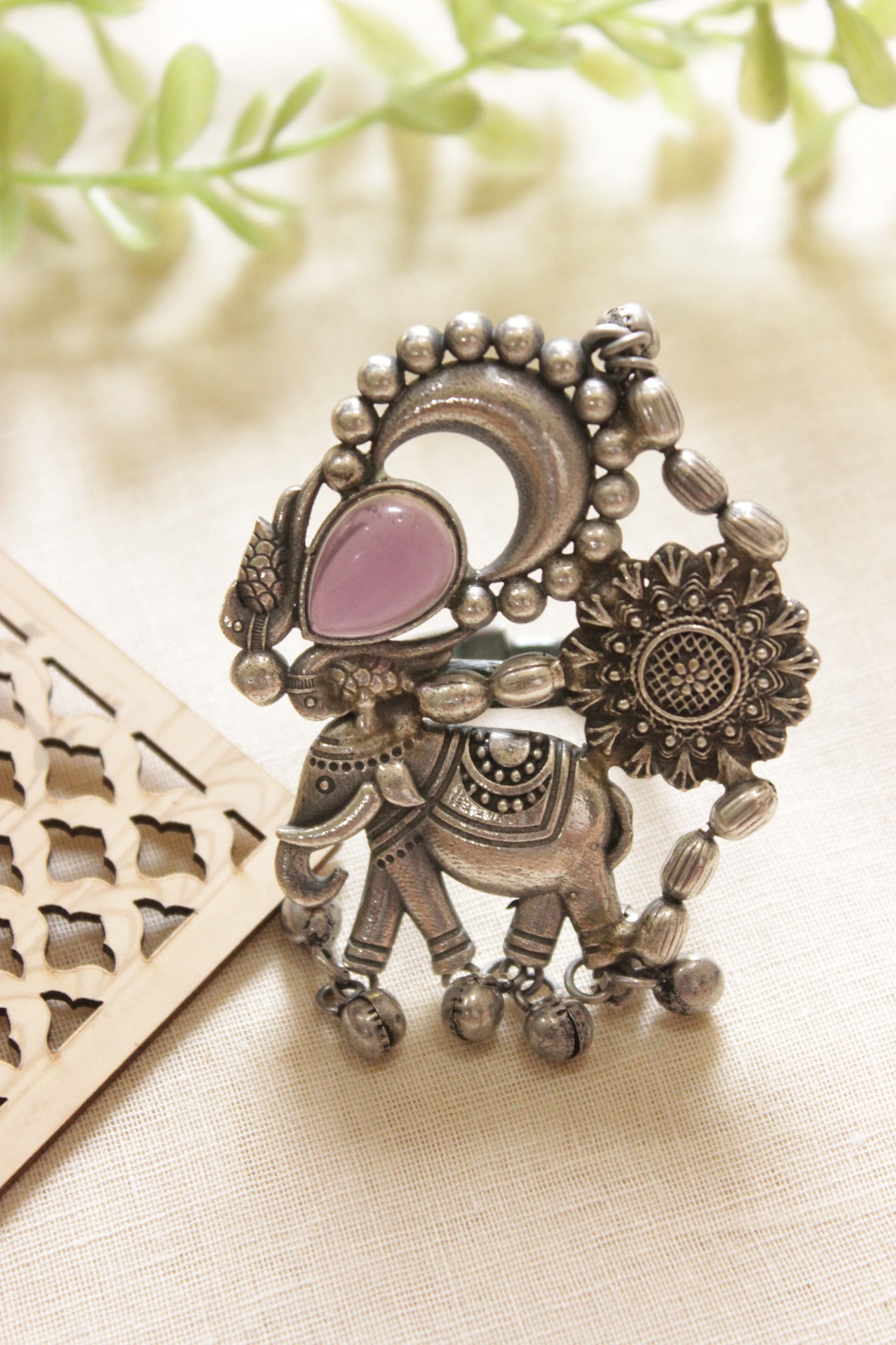 Oxidised Silver Finish Elephant & Flower Motif Statement Cocktail Adjustable Ring