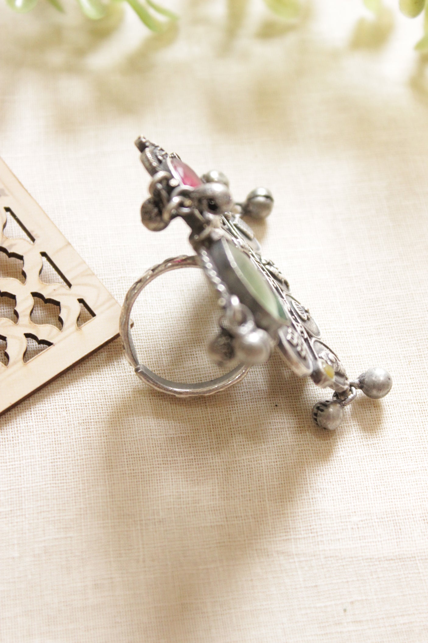 Oxidised Silver Finish Flora & Fauna Motif Statement Cocktail Adjustable Ring