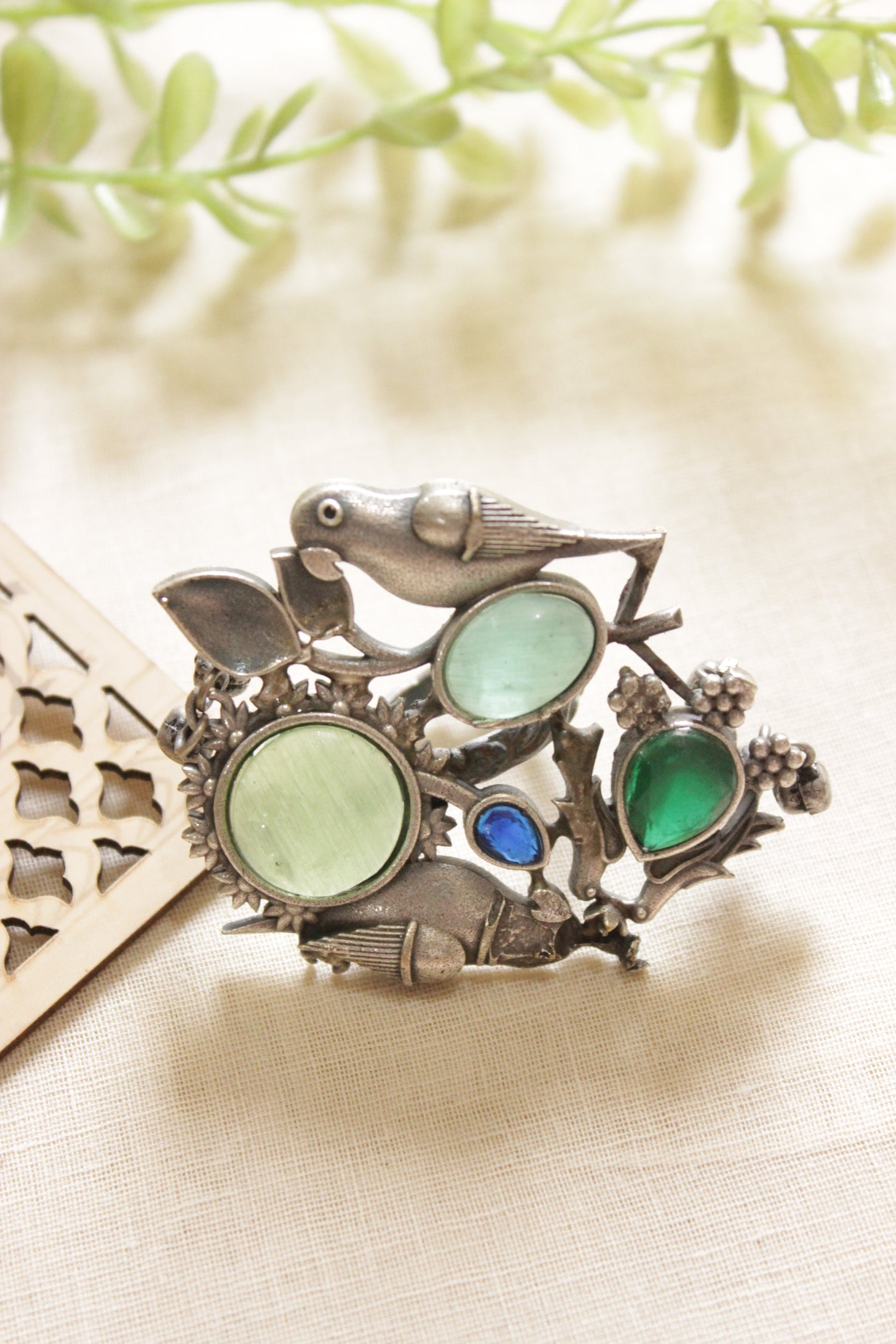 Oxidised Silver Finish Bird on a Branch Motif Statement Cocktail Adjustable Ring