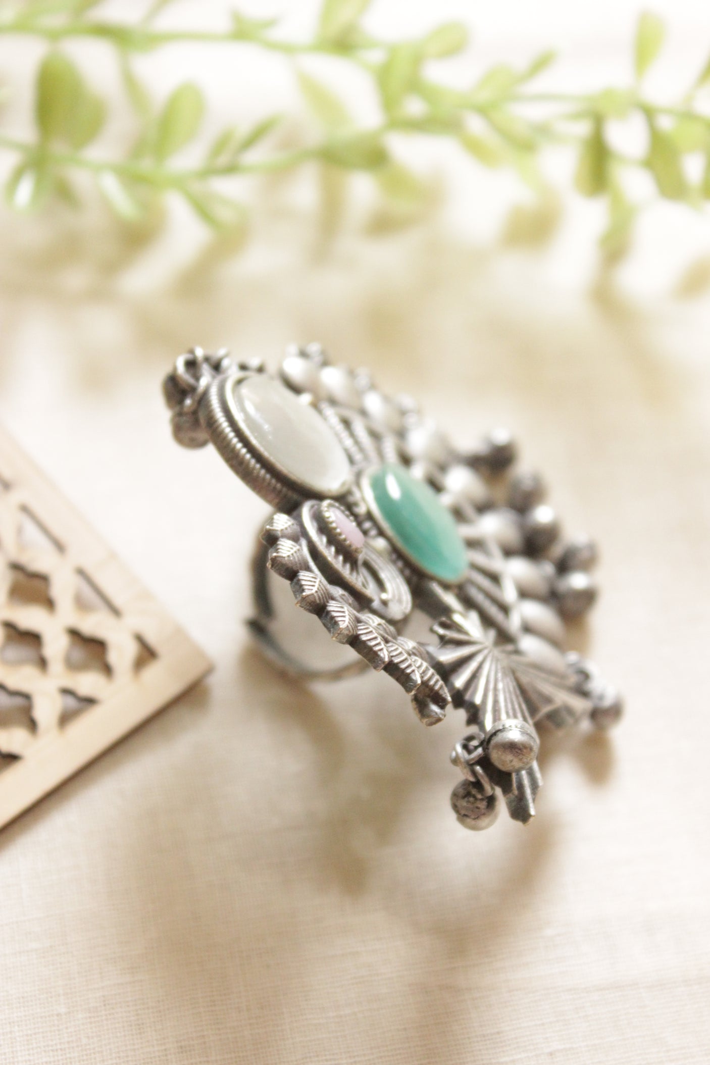 Oxidised Silver Finish Peacock & Ghungroo Beads Statement Cocktail Adjustable Ring