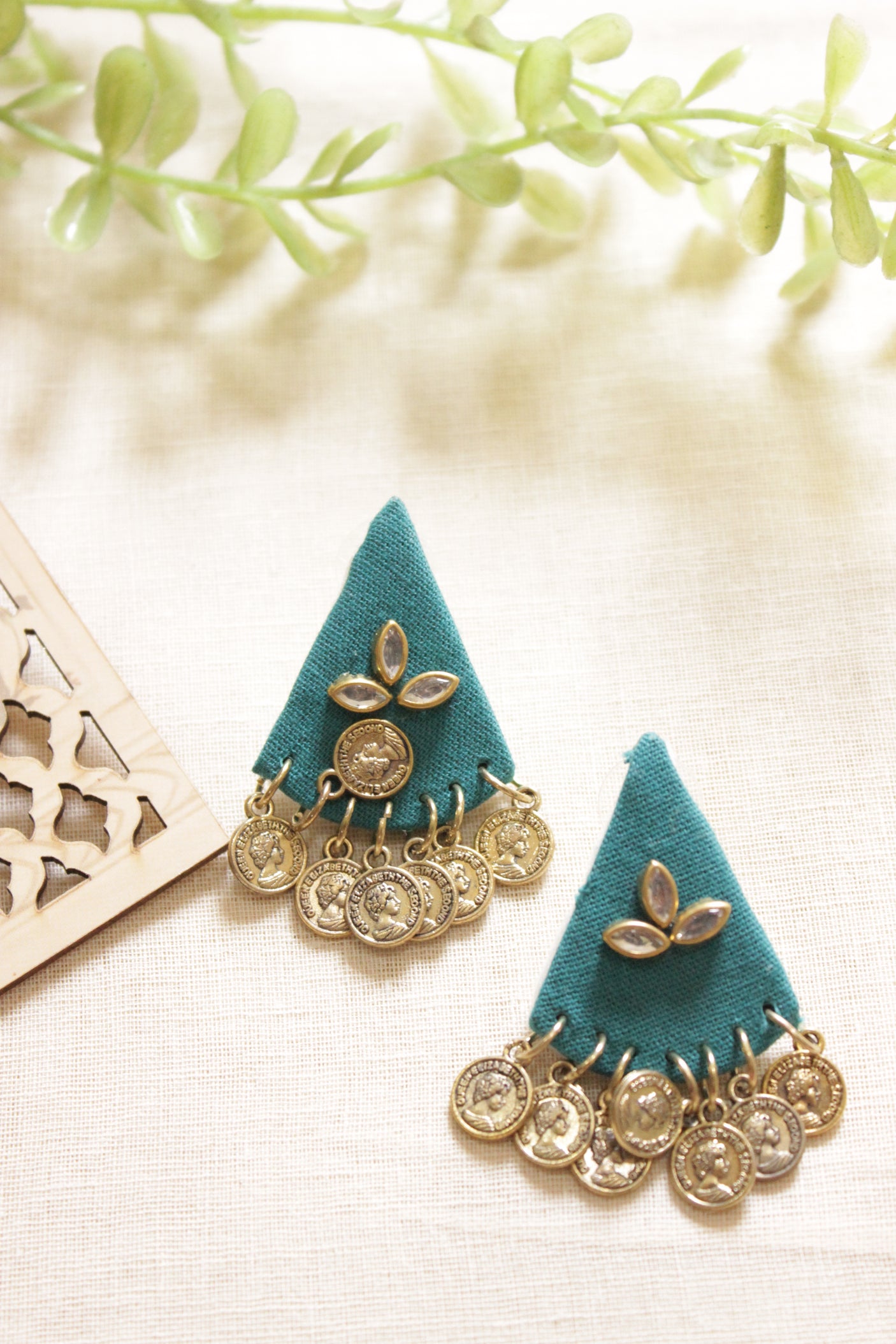 Teal Fabric Earrings Embellished with Stamped Coins