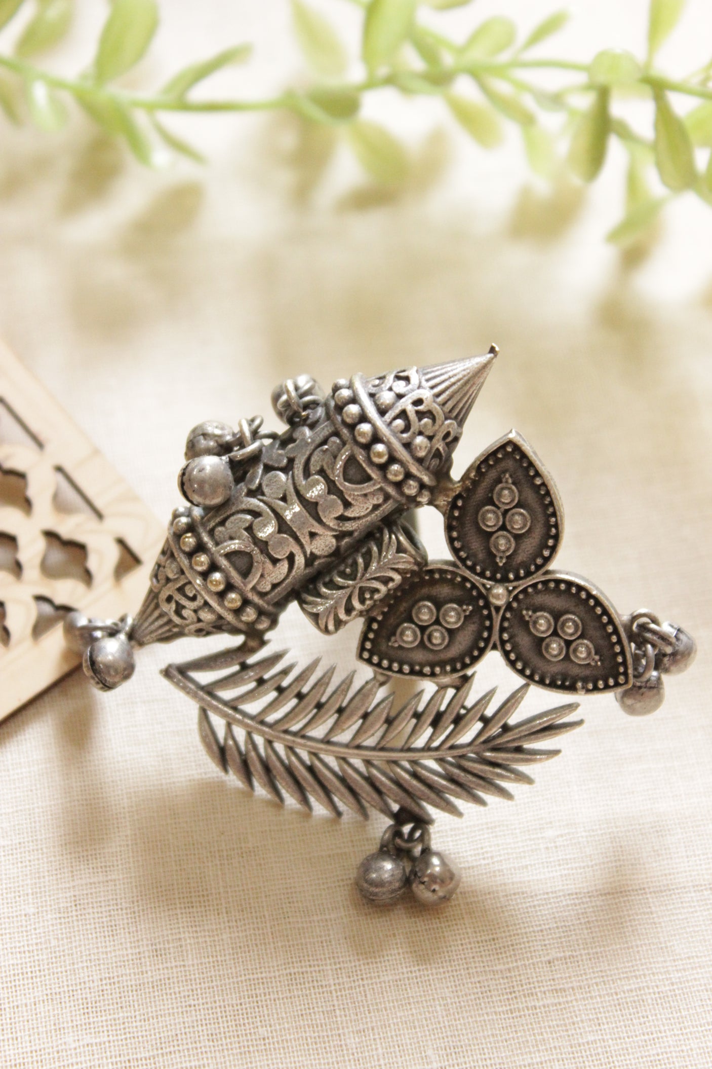 Oxidised Silver Finish Leaf Motifs Statement Cocktail Adjustable Ring