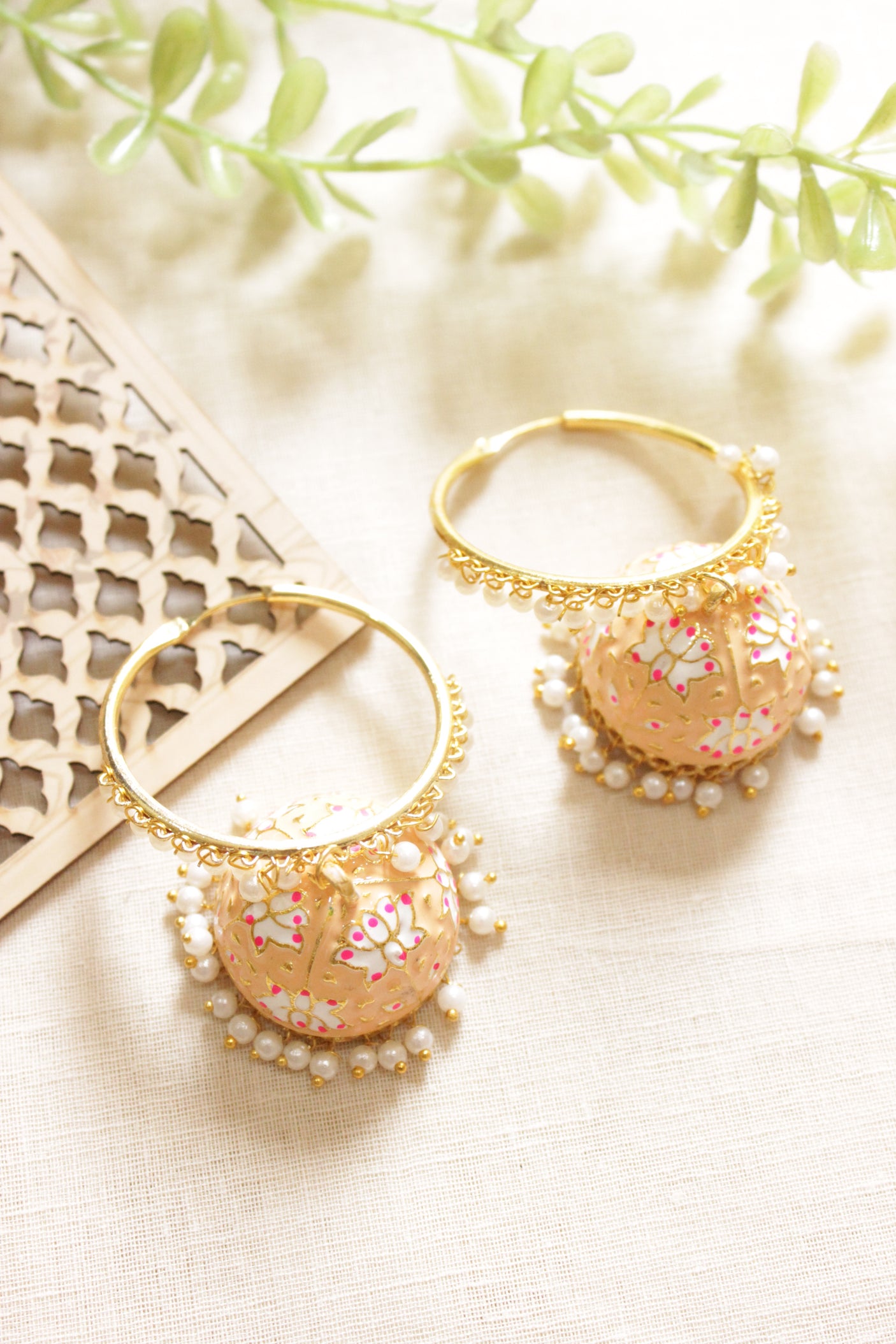 Flower Motifs Hand Painted Meenakari Work Peach Jhumka Earrings